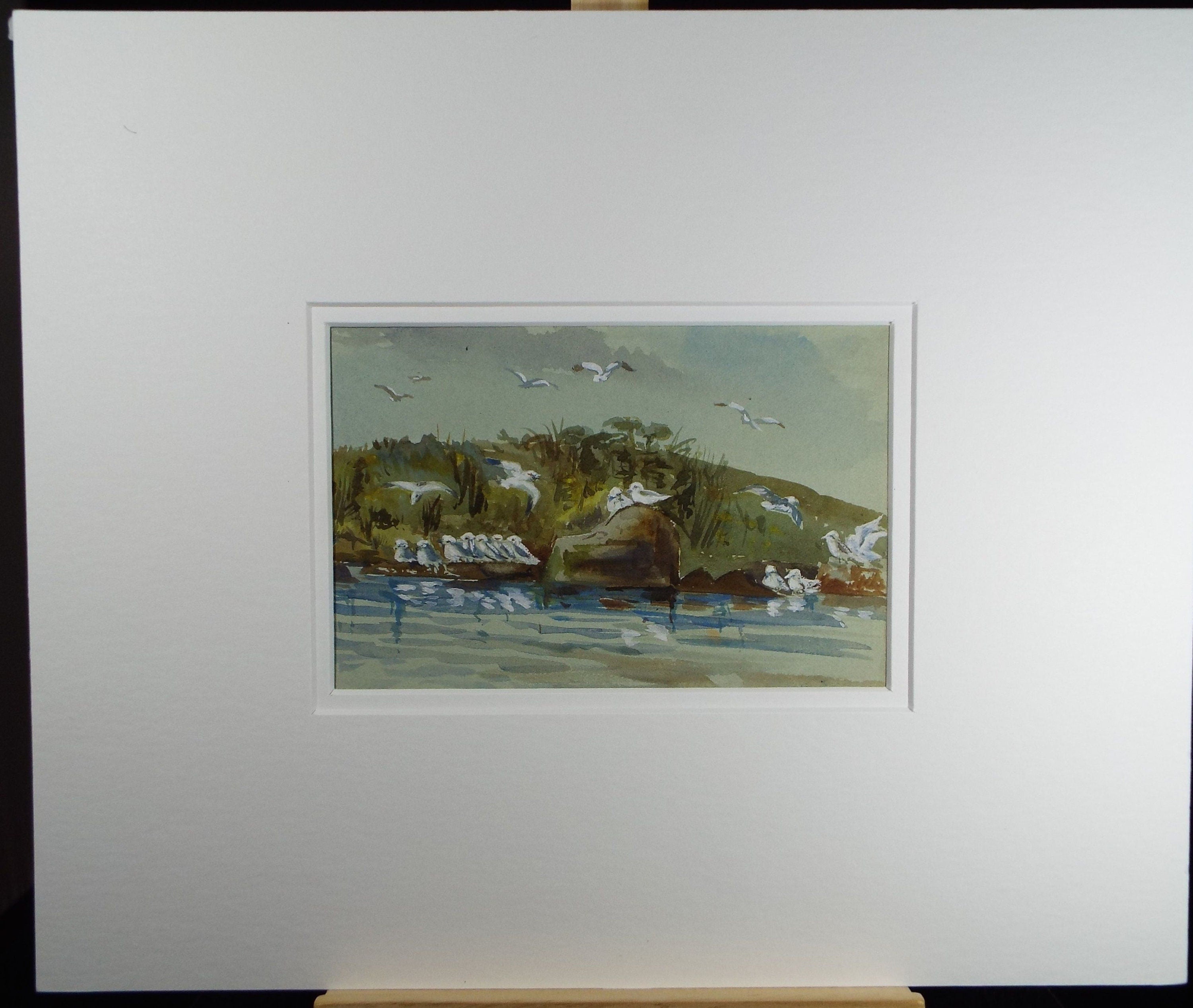 Original Watercolour, 'Gulls on the shore', mid 20th century, artist unknown