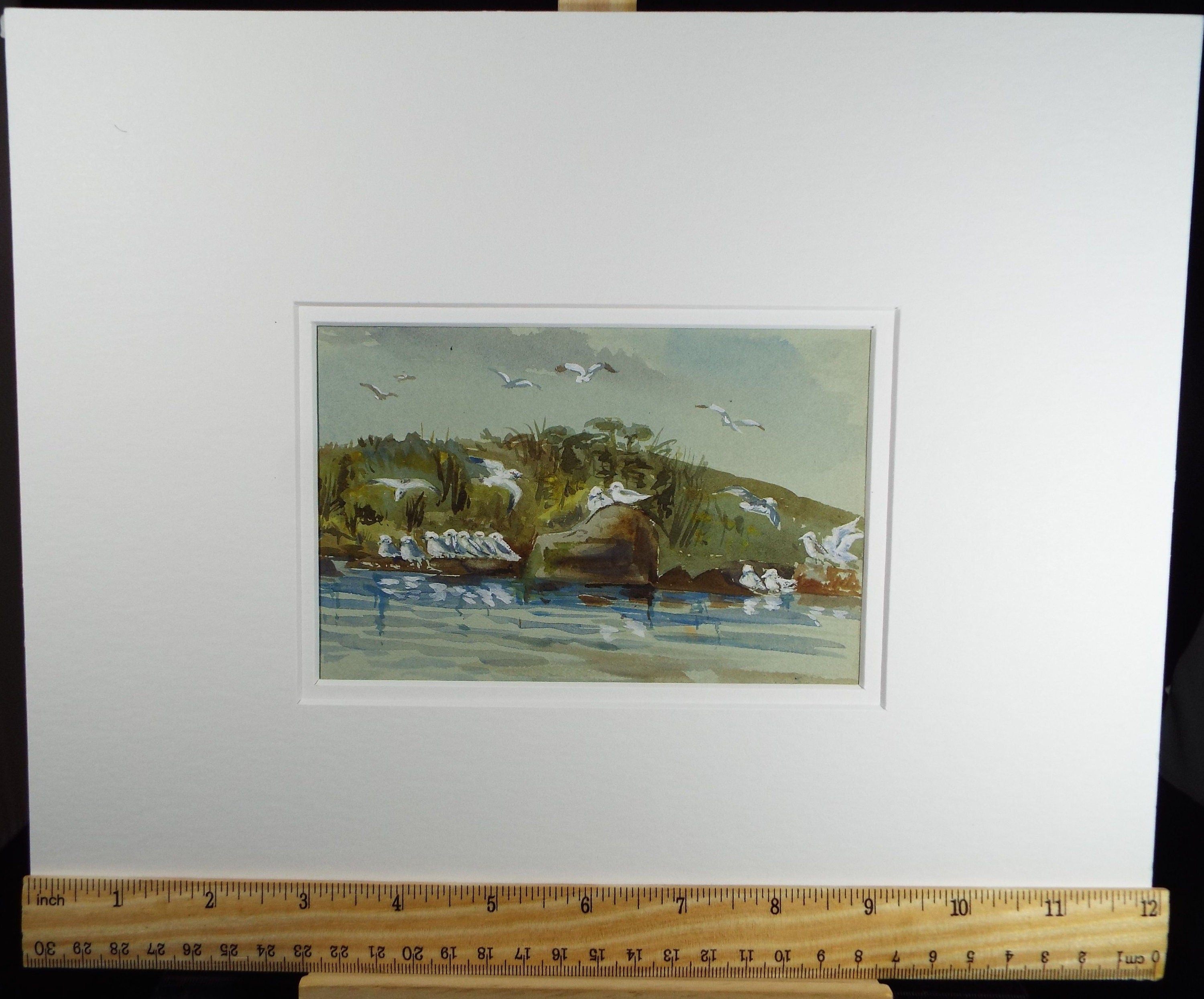 Original Watercolour, 'Gulls on the shore', mid 20th century, artist unknown