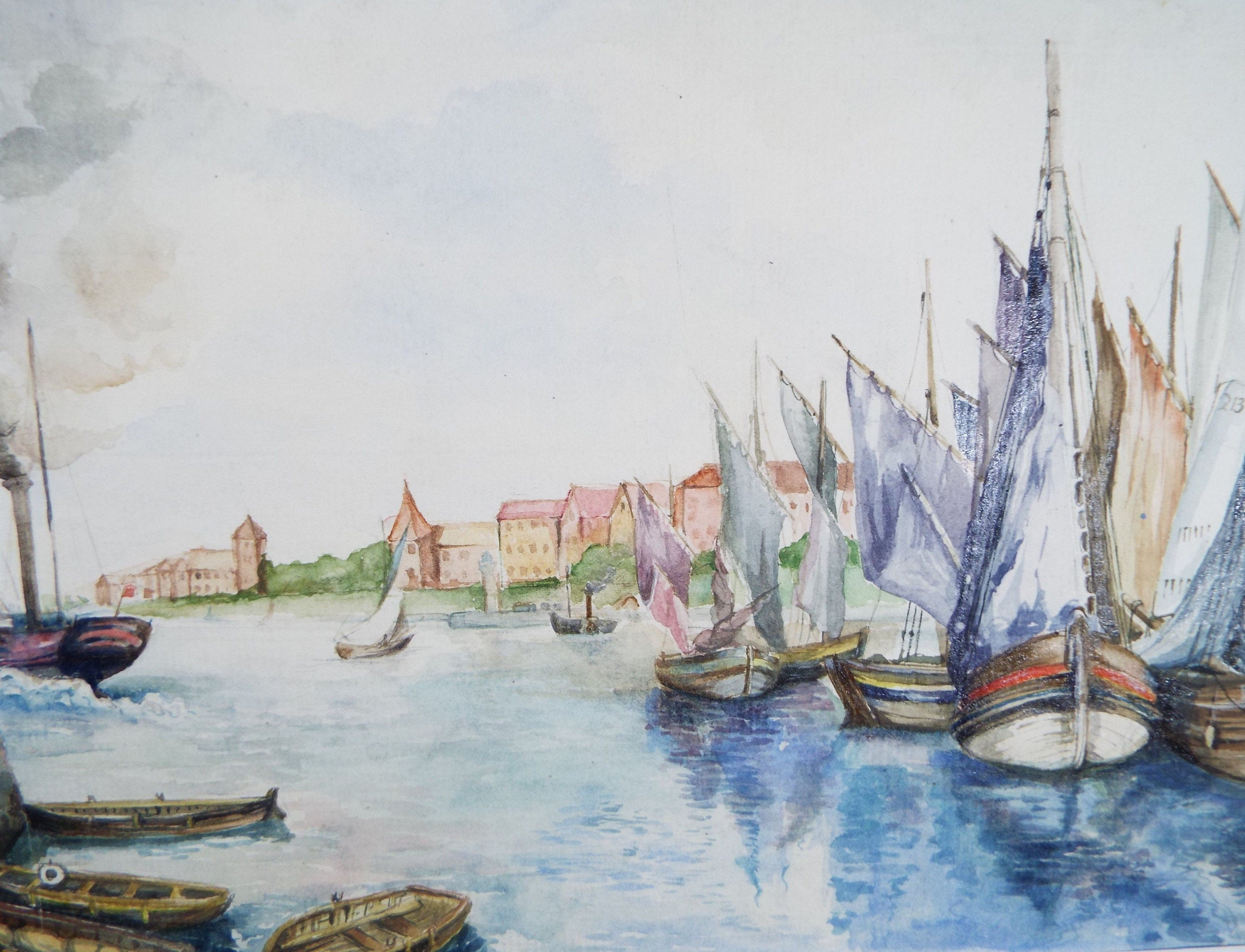 Original Watercolour, 'Moored Sailing Boats, Early 20th Century, Unknown Artist