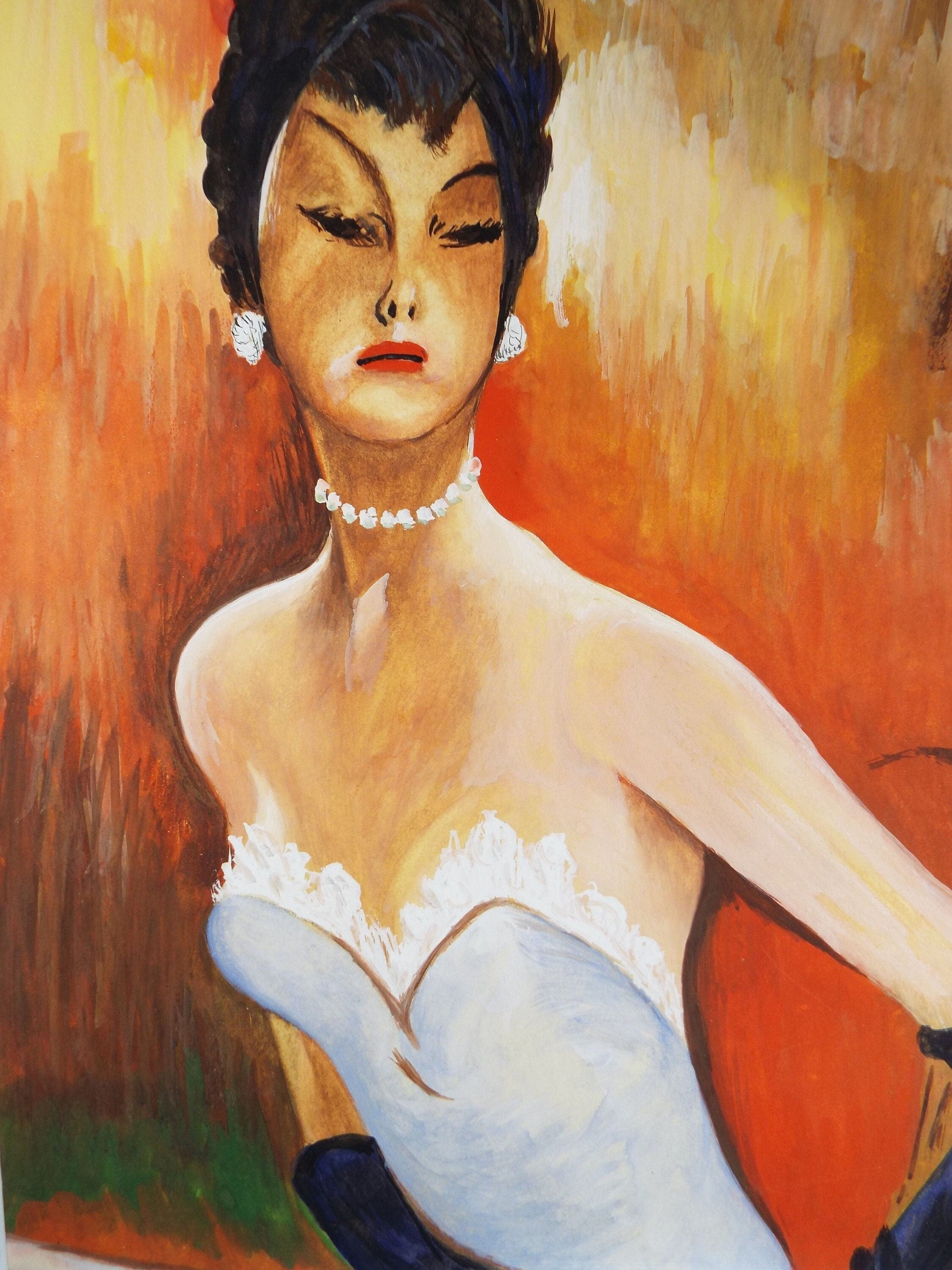 Original Watercolour and Gouache, 'Womain in a Cocktail Dress', c1960's, French School