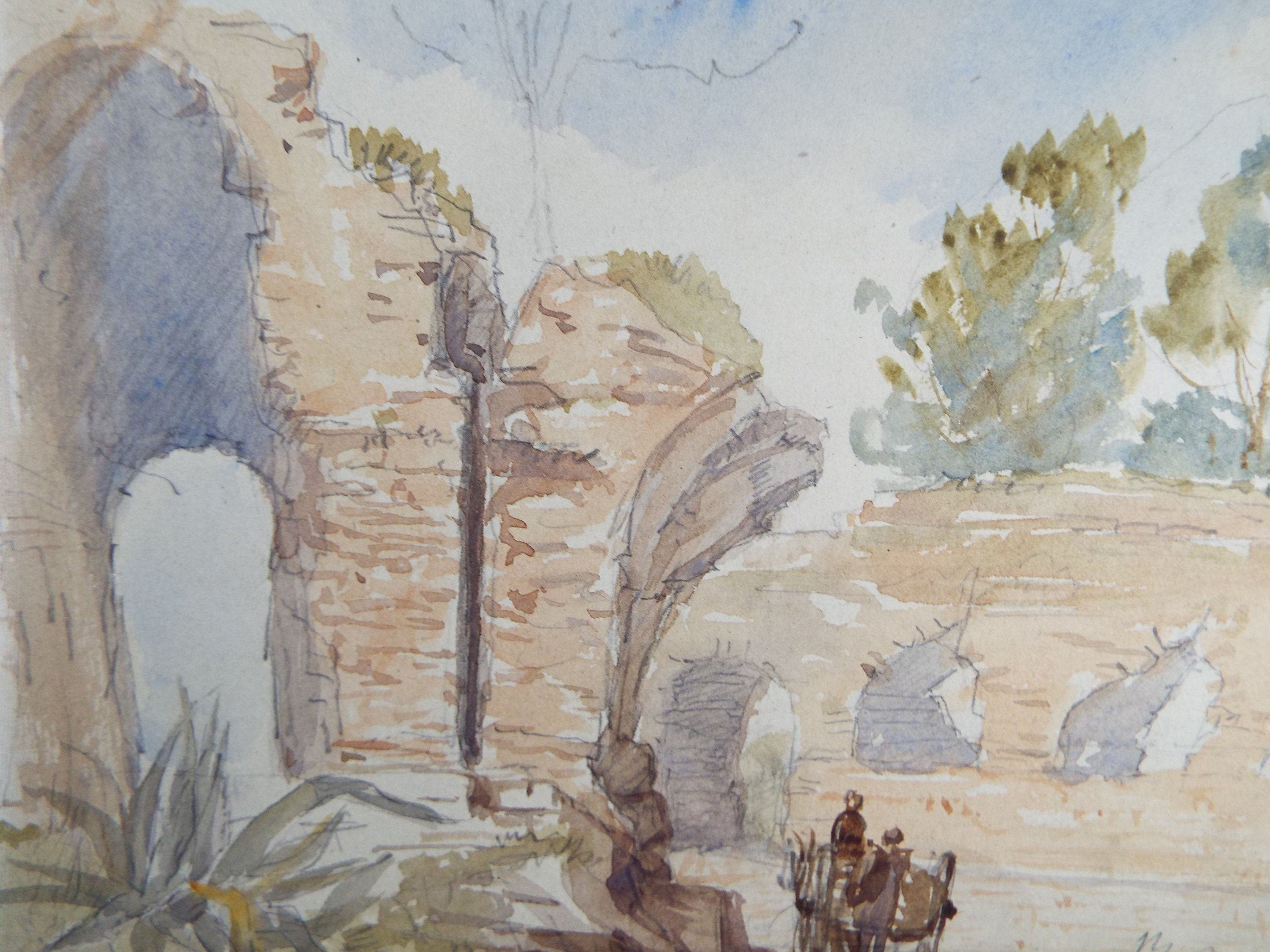 Original Watercolour, 'Ruins with Cart', Elizabeth Blommart, c1860's