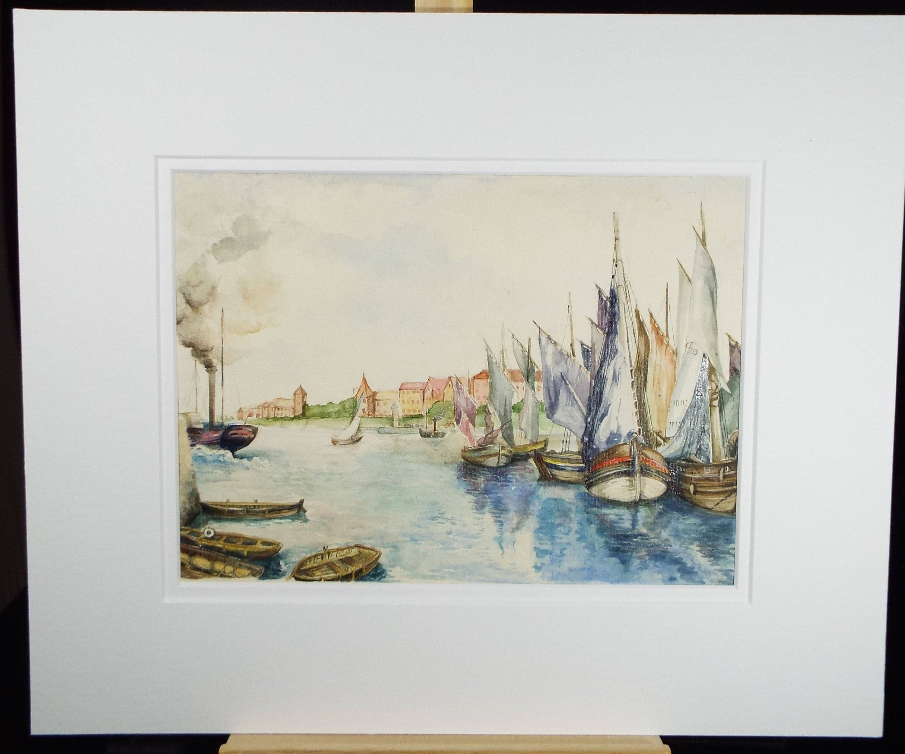 Original Watercolour, 'Moored Sailing Boats, Early 20th Century, Unknown Artist