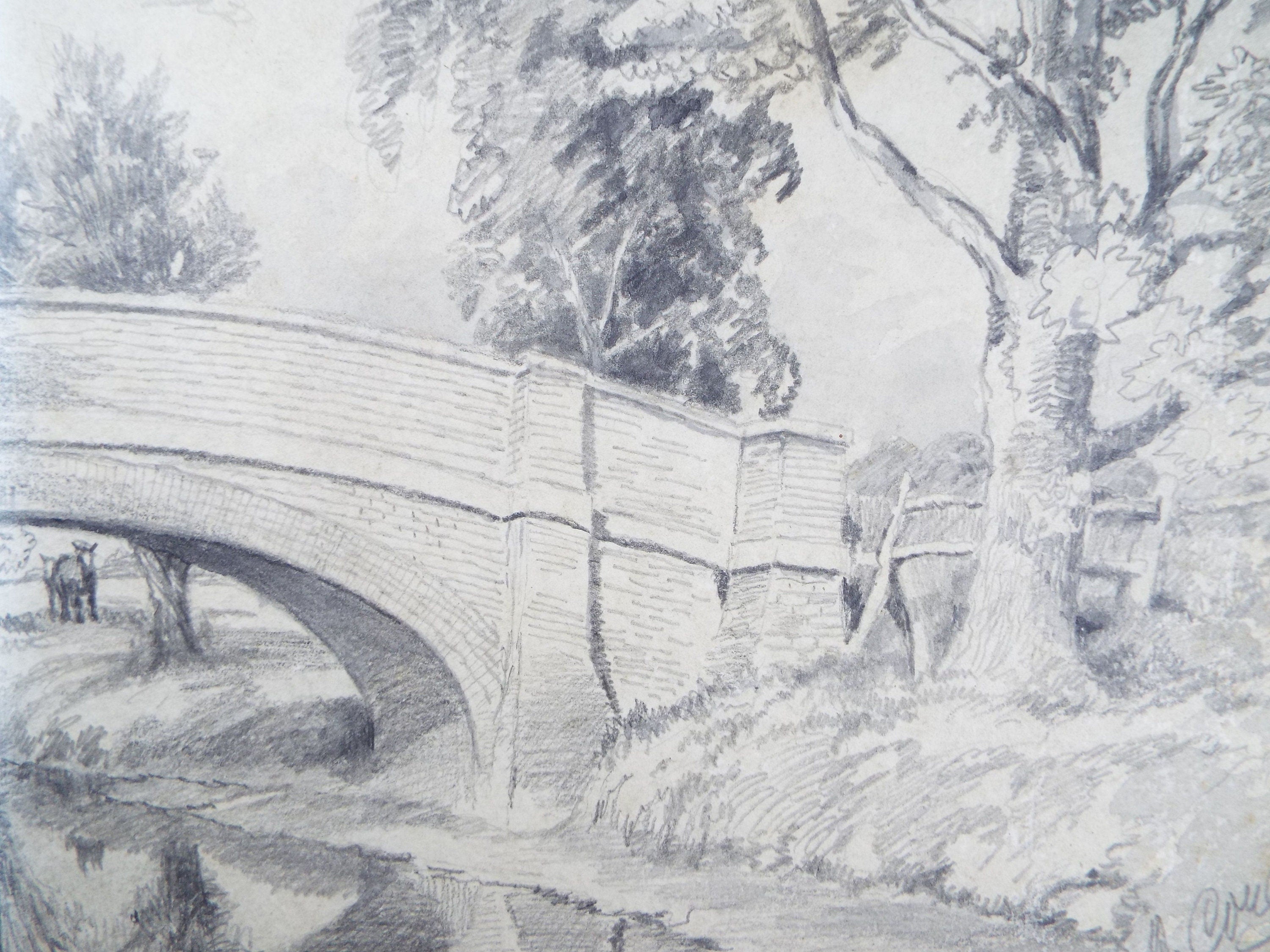Original Pencil Drawing 'Bridge over a River', Circa 1930's, Charles Browne Core (1860-1947)