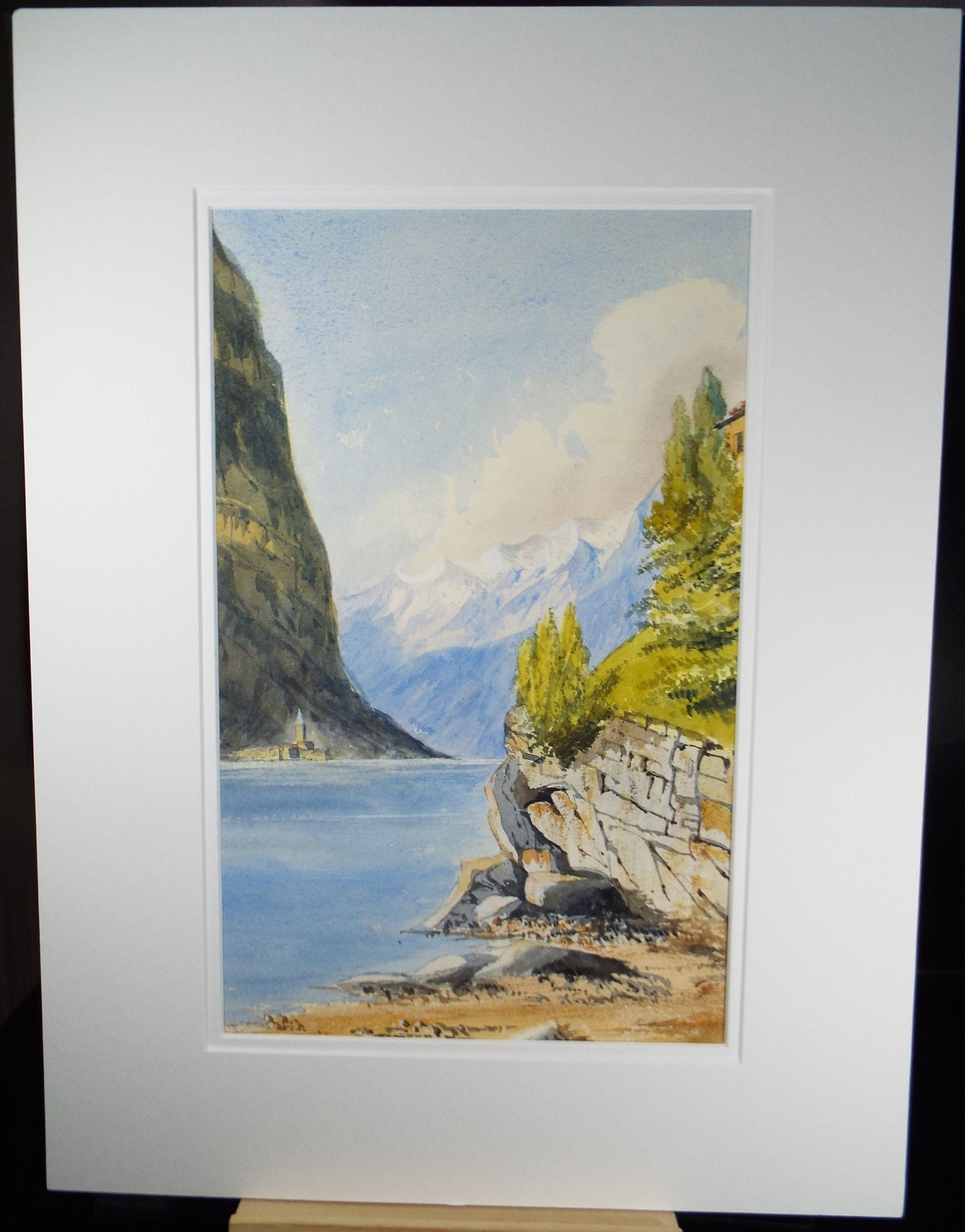 Original Watercolour, late 19th Century , 'Lake with Alpine View ', Artist Unknown
