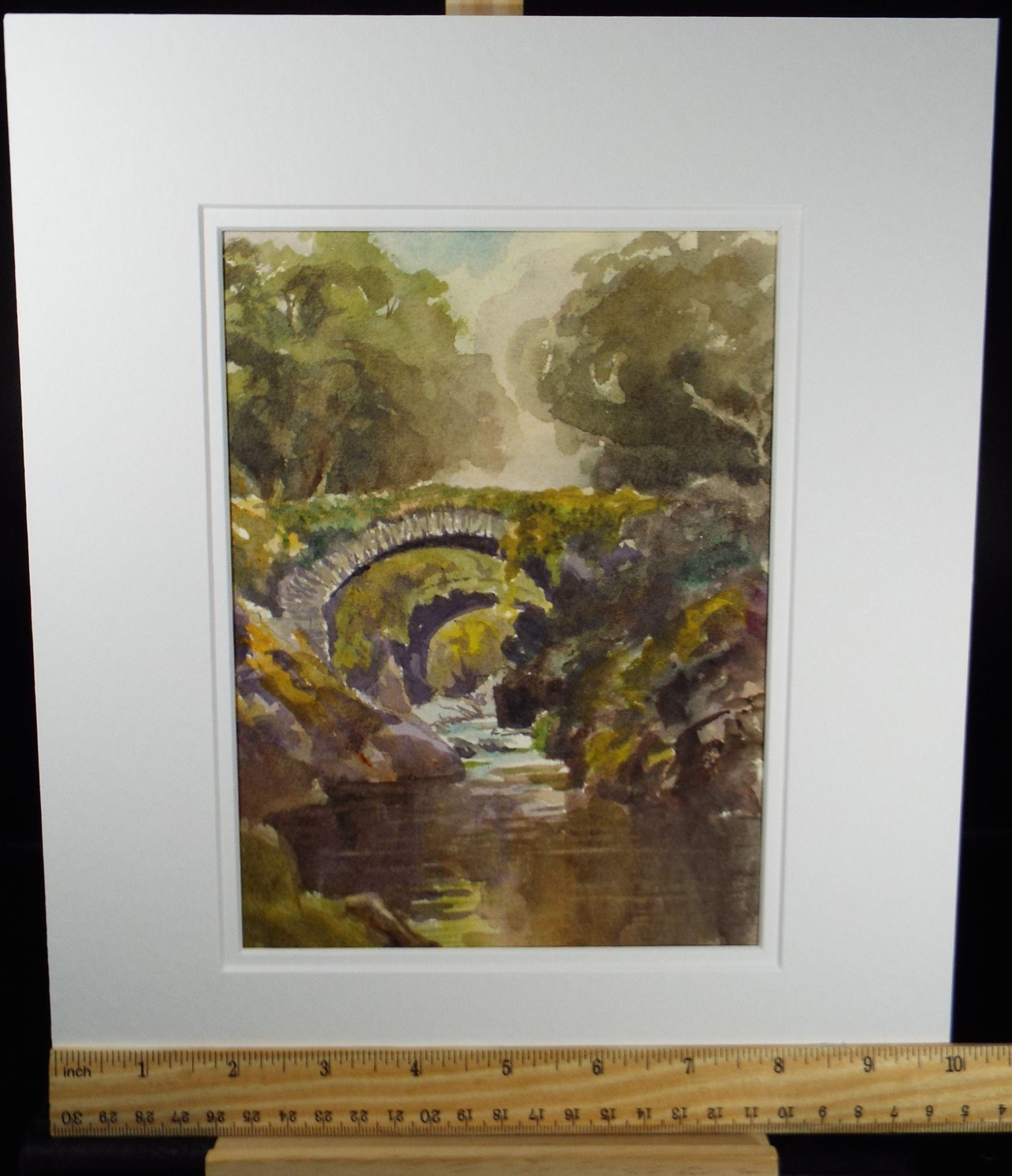 Original Watercolour, 'Stone Bridge Over the River', c1940, Unknown Artist