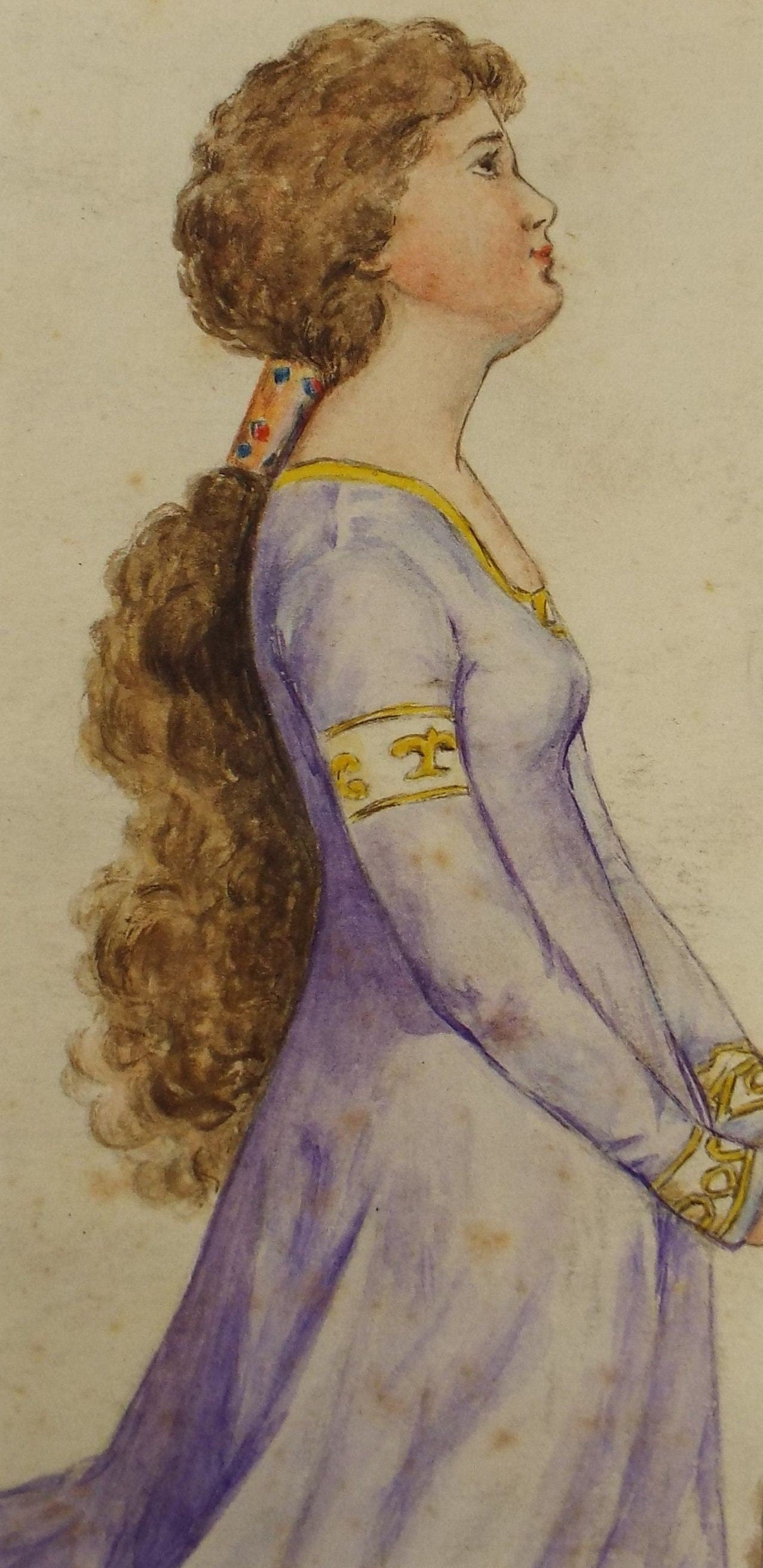 Original Watercolour, 'Portrait of a maiden in Lilac', circa 1920, Artist unknown