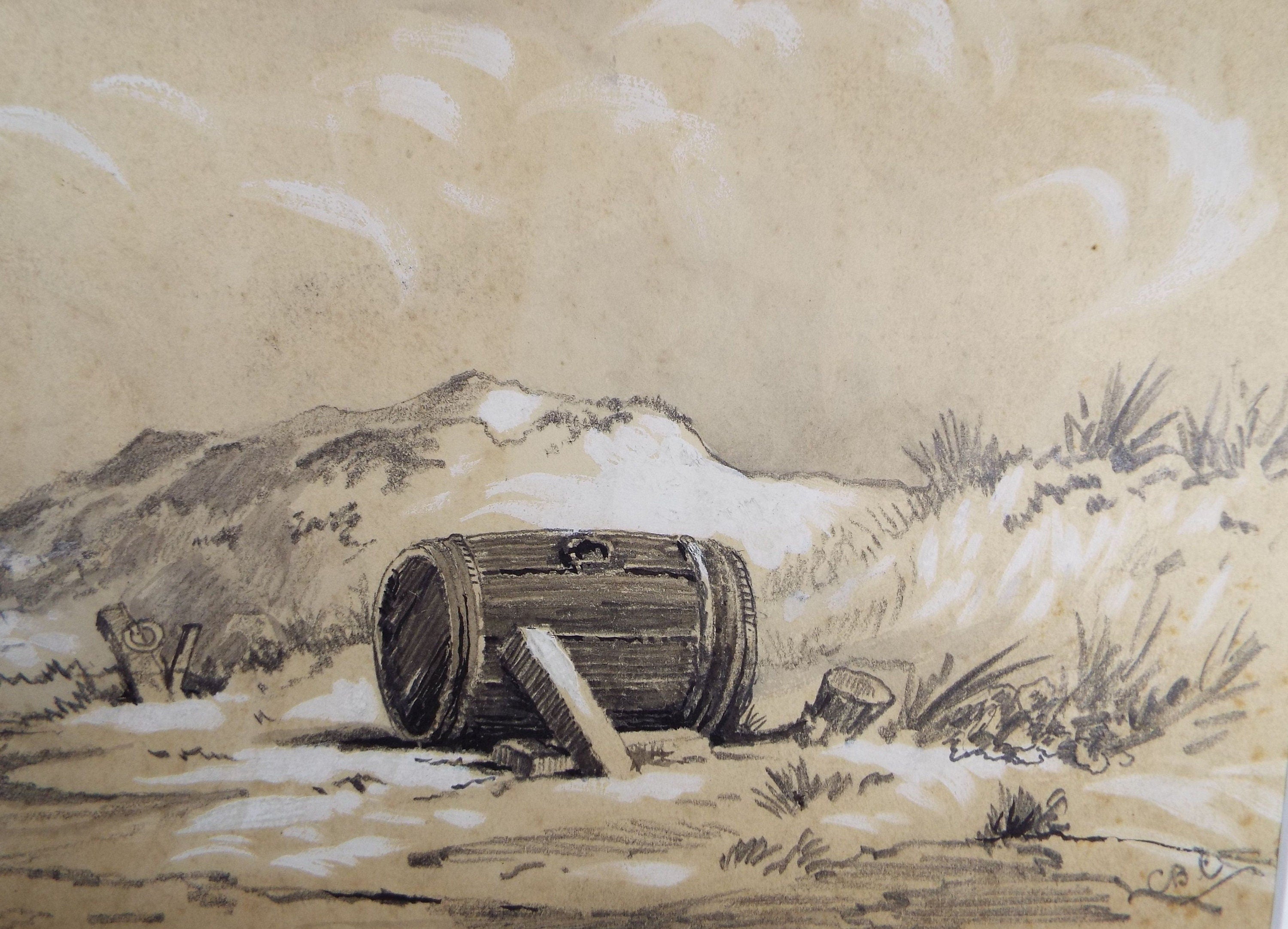 Original Pencil Drawing heightened with white, 'Floatsam and Jetsam', circa 1930's, Charles Browne Core (1860-1947)