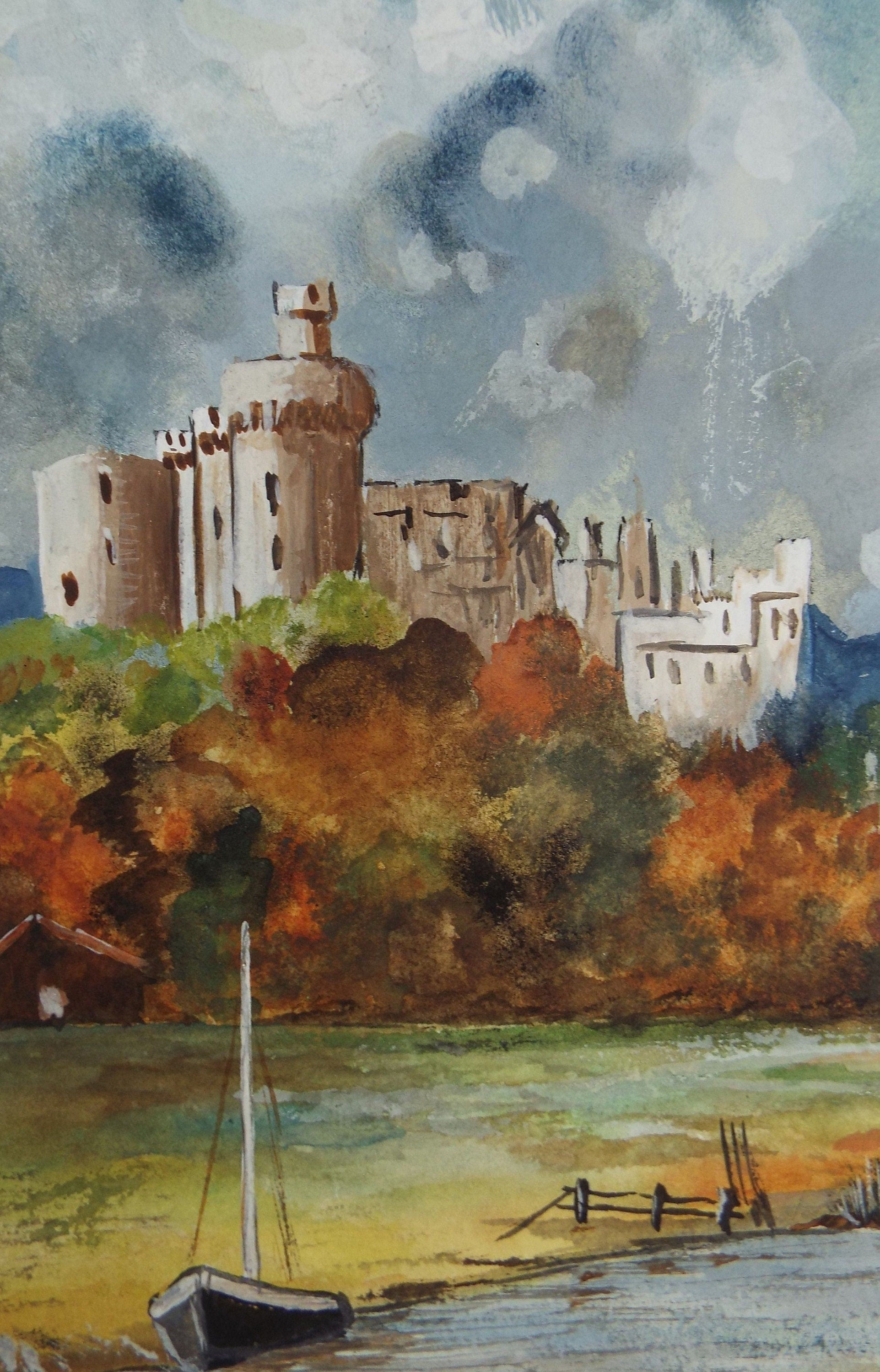 Original Watercolour, 'Castle by a River', Circa 1970's, Artist Unknown