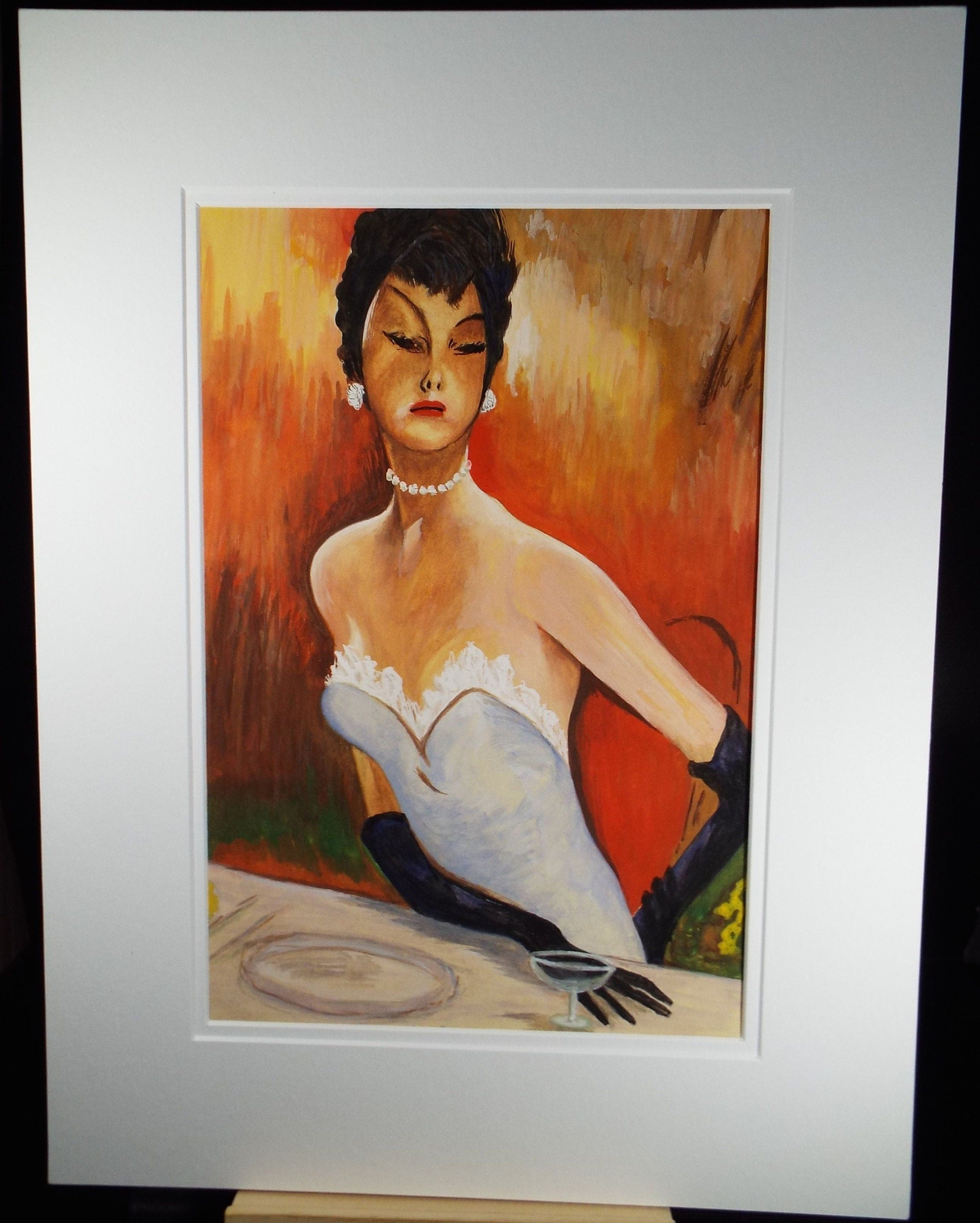 Original Watercolour and Gouache, 'Womain in a Cocktail Dress', c1960's, French School