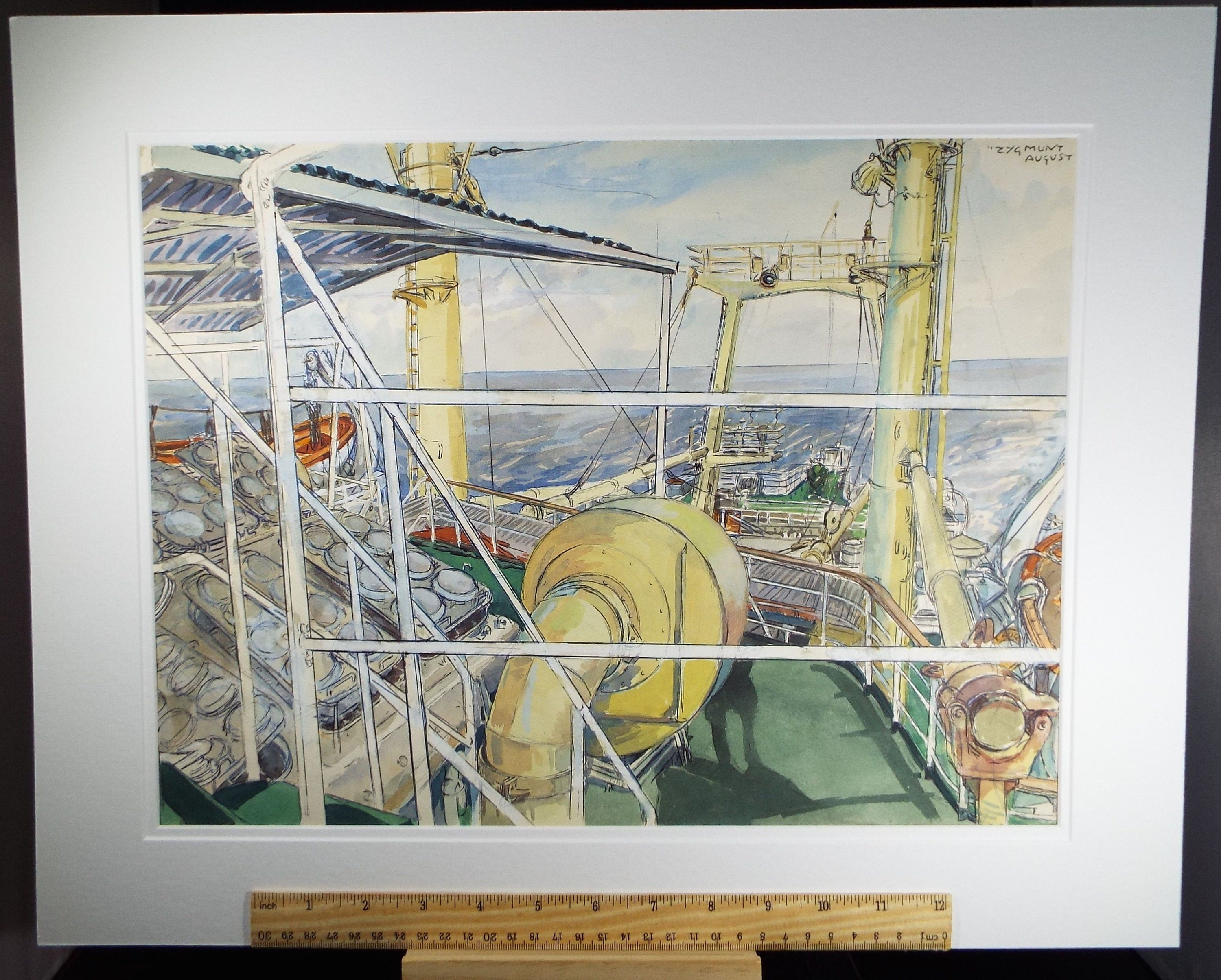 Original Watercolour, 'Aboard the Zygmunt - August', Circa 1950's, Ivy T. Attwell.