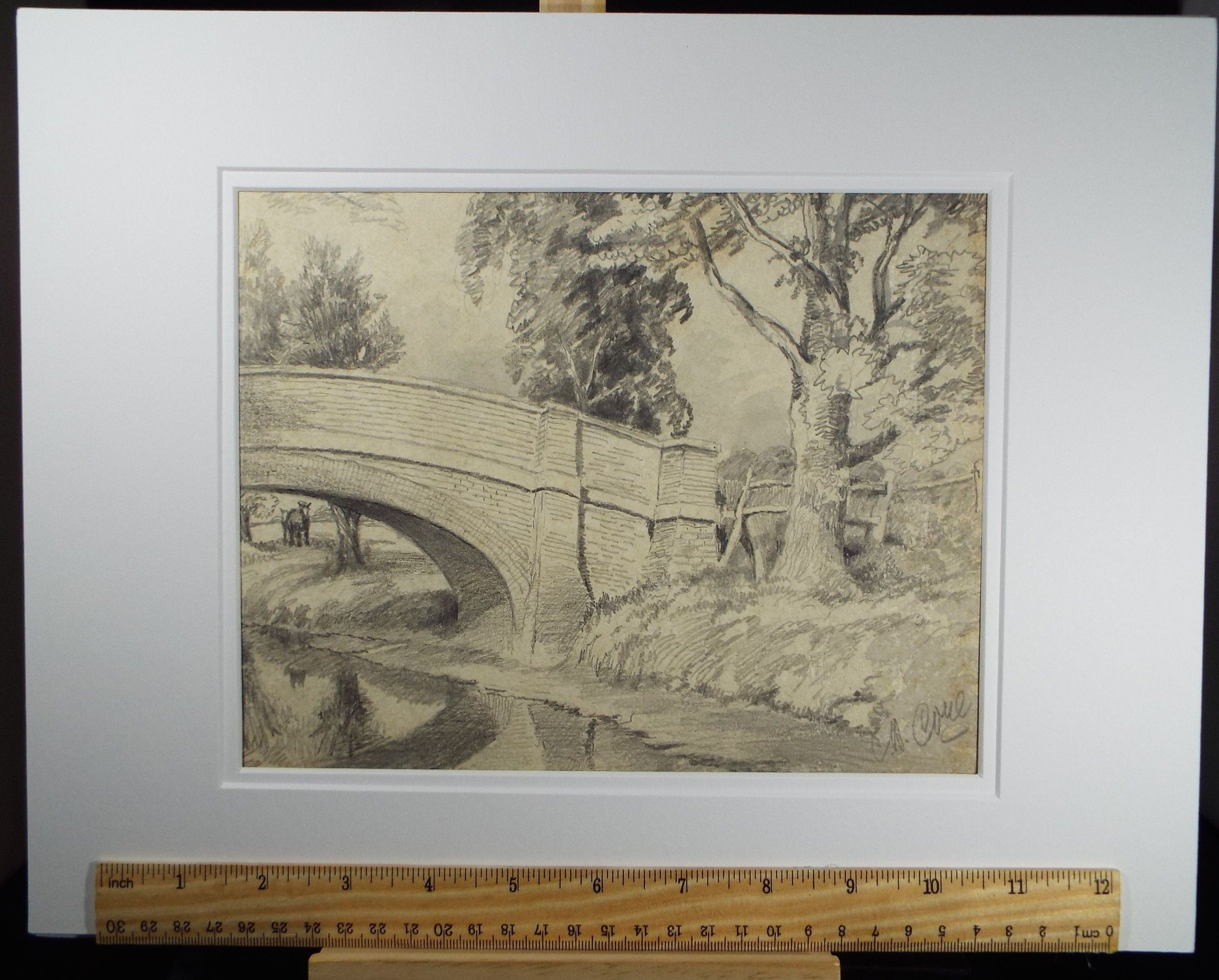 Original Pencil Drawing 'Bridge over a River', Circa 1930's, Charles Browne Core (1860-1947)