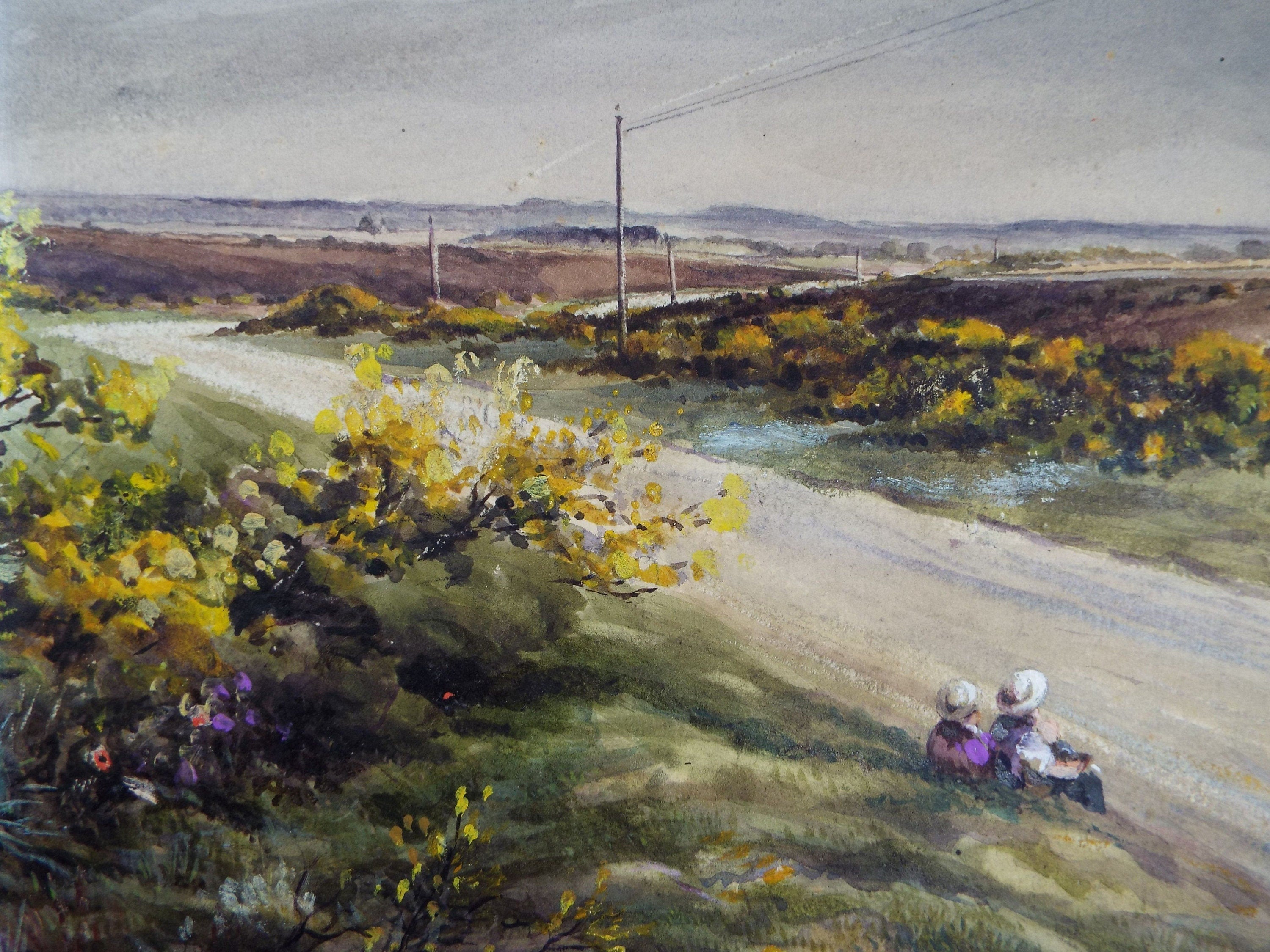 Original Watercolour & Gouache, 'Girls by the Roadside - Suffolk', Circa 1930's, Charles Browne Core (1860-1947)
