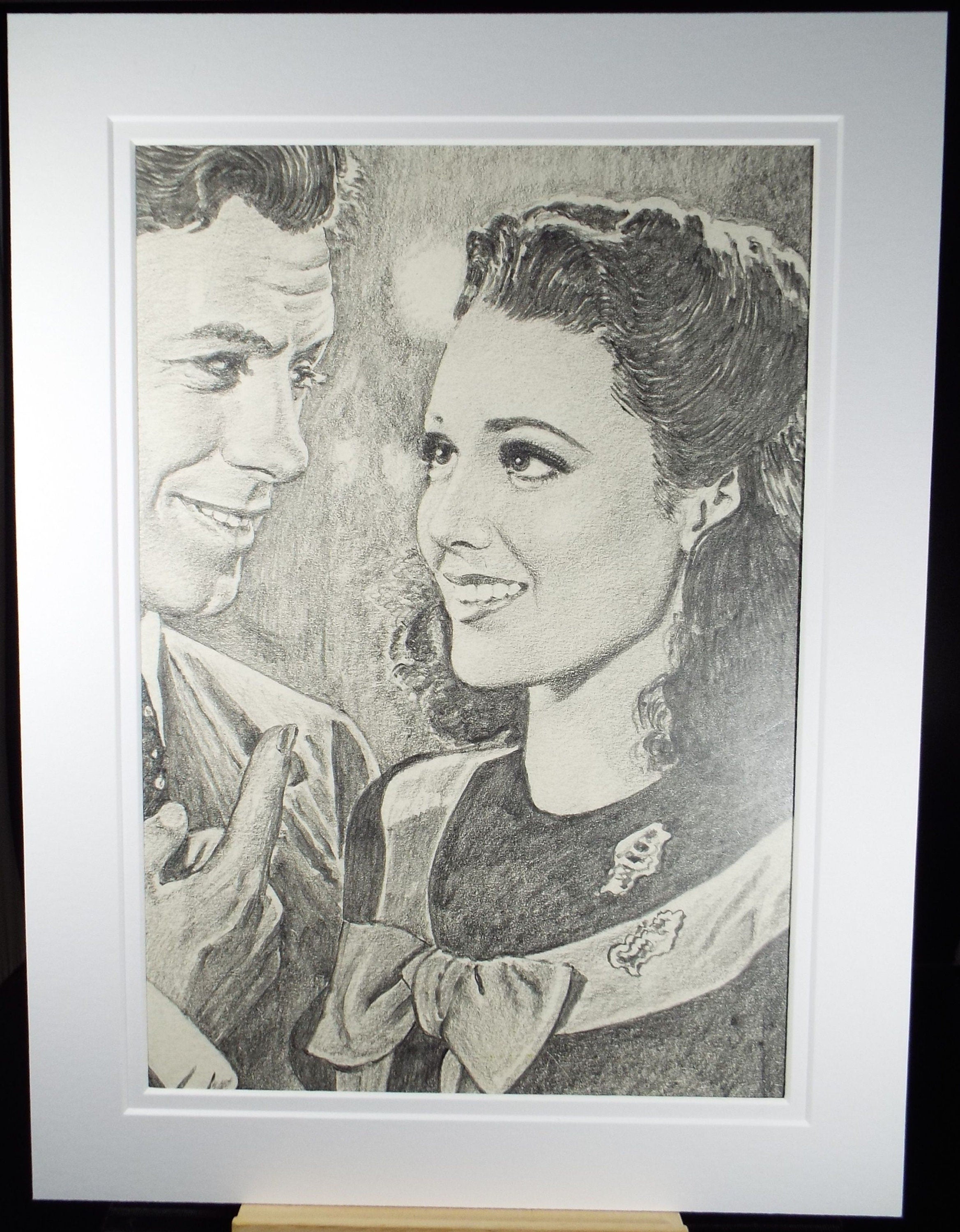 Original Pencil Drawing, 'Michael Rennie and Linda Darnell', Albert Leonard, Mid 20th Century