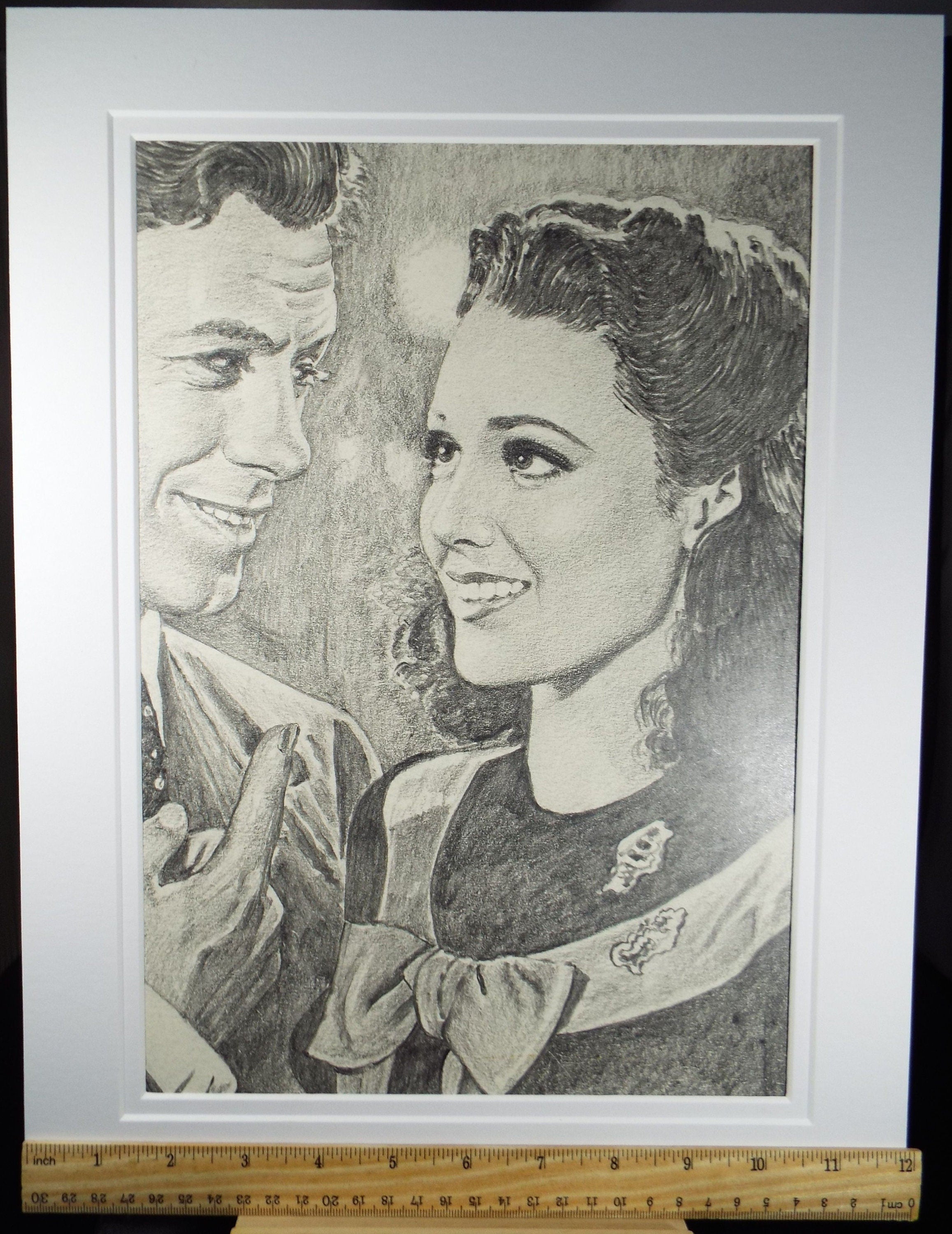 Original Pencil Drawing, 'Michael Rennie and Linda Darnell', Albert Leonard, Mid 20th Century