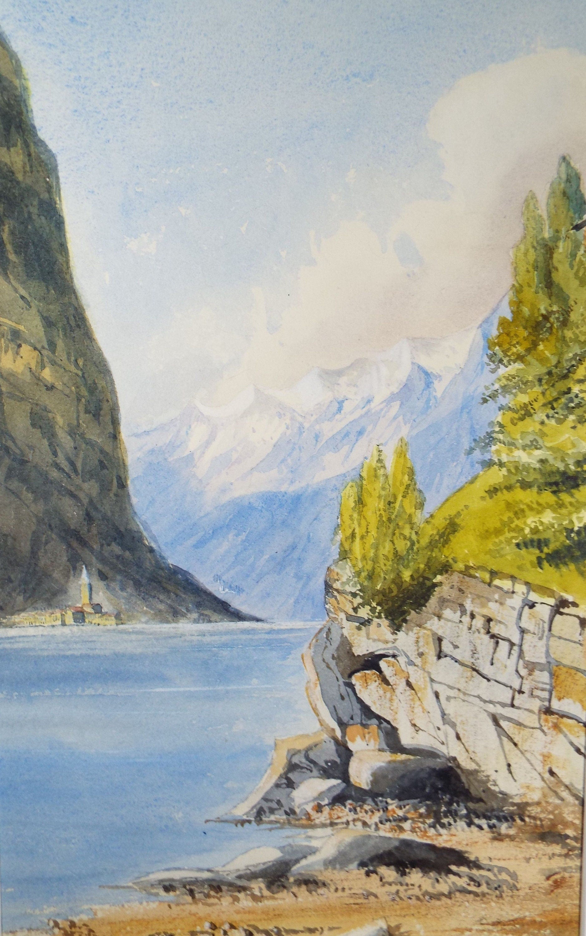 Original Watercolour, late 19th Century , 'Lake with Alpine View ', Artist Unknown