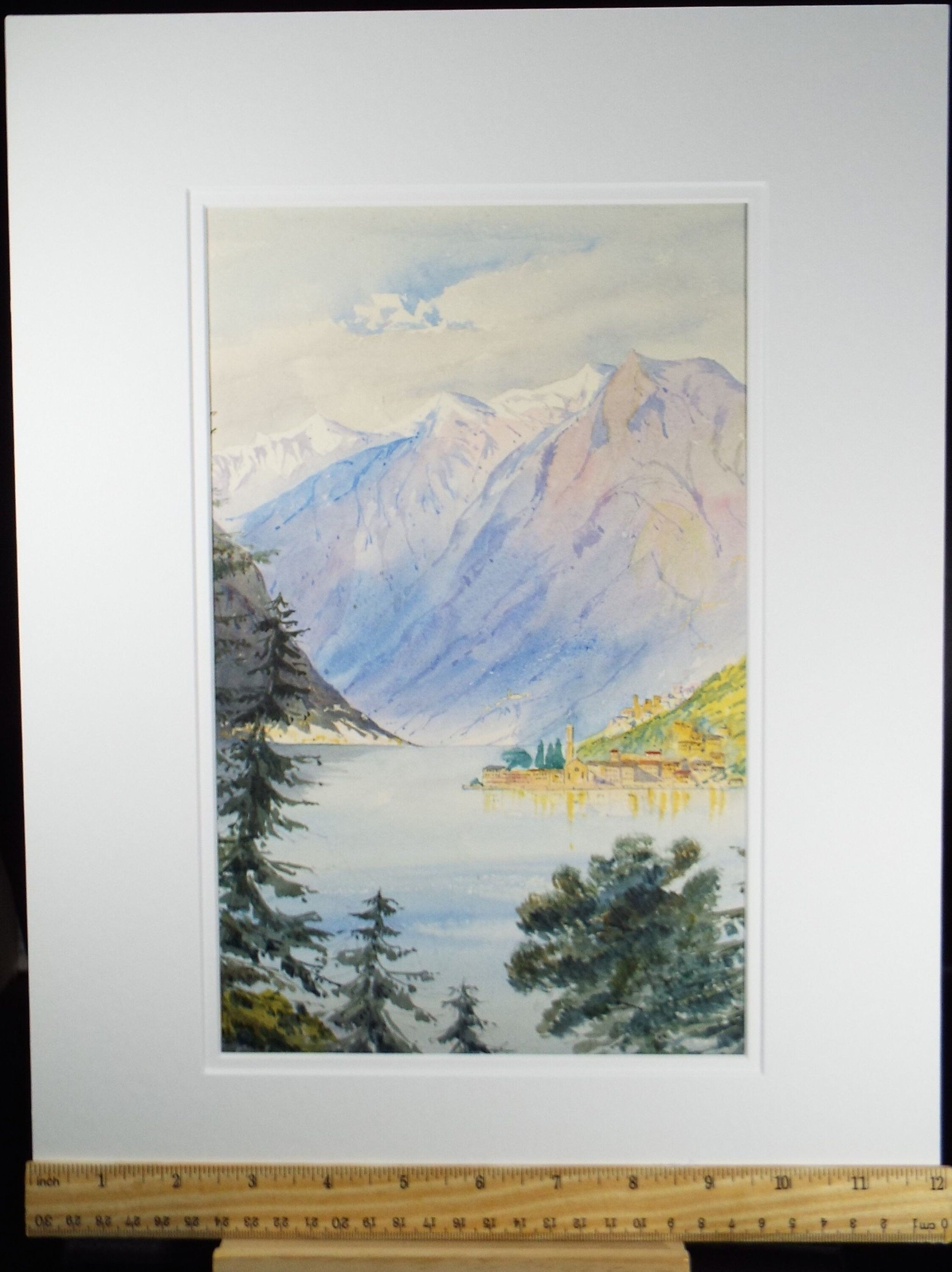 Original Watercolour, late 19th Century , 'Lakeside Town with Alpine View ', Artist Unknown