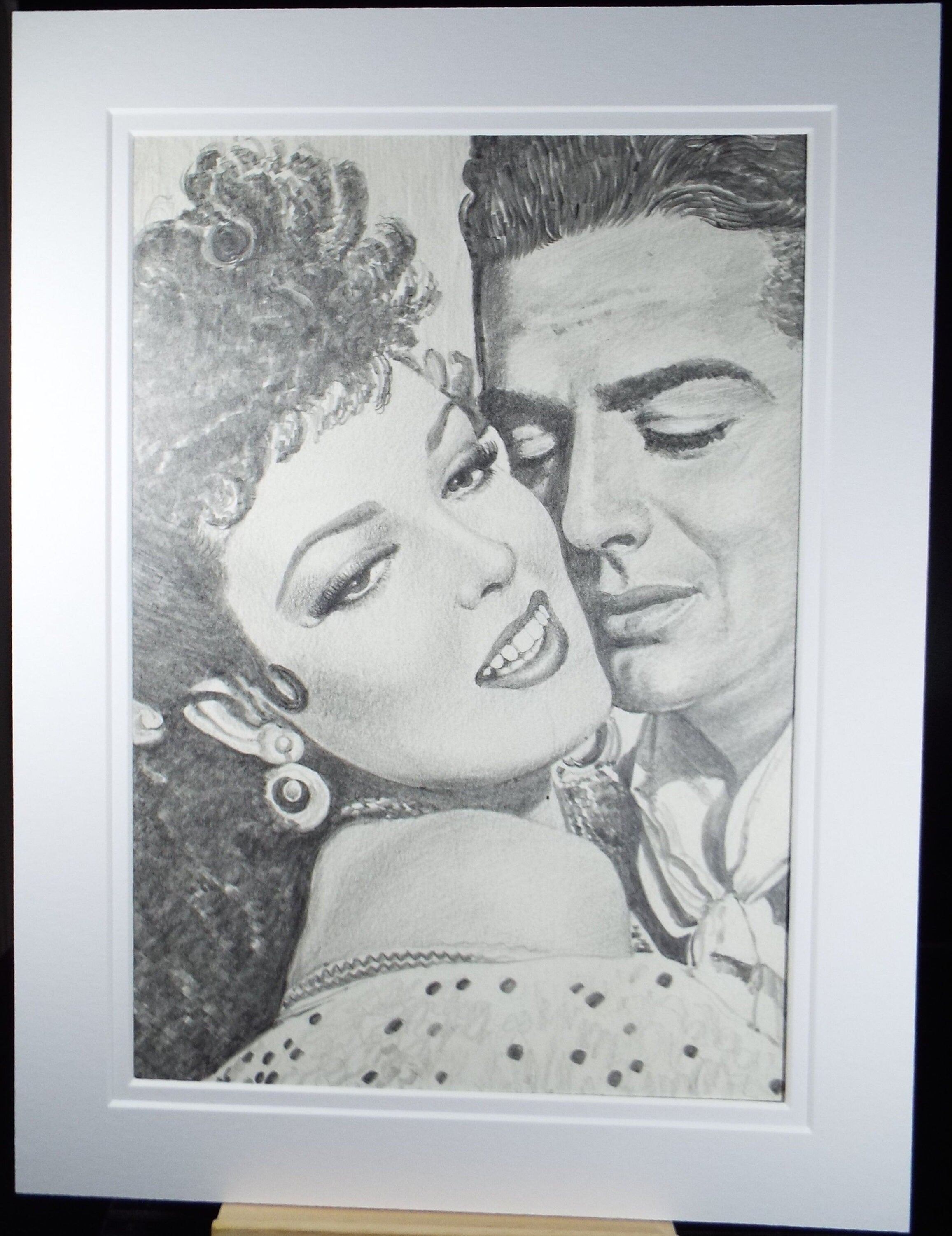 Original Pencil Drawing, 'Victor Mature & Linda Darnell', Albert Leonard, Mid 20th Century