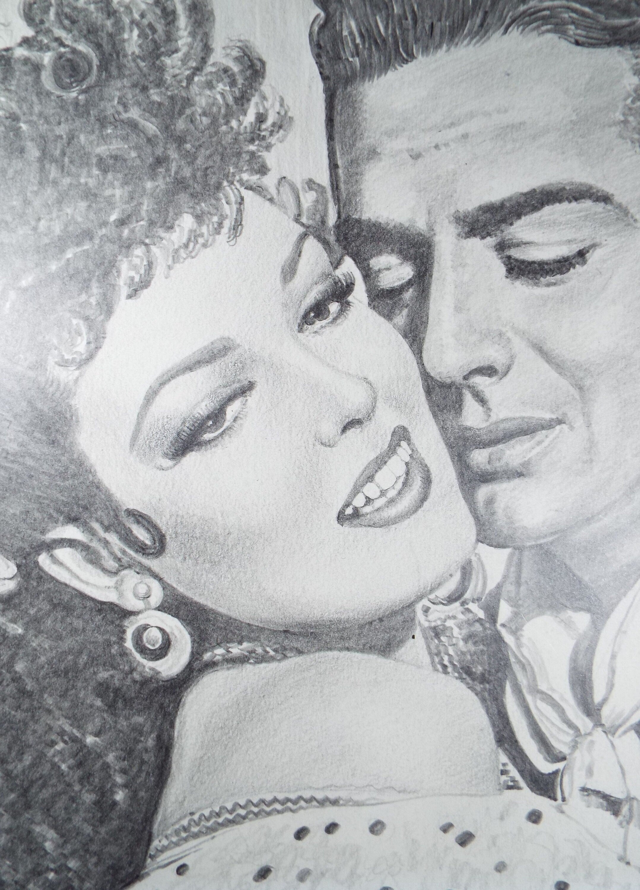 Original Pencil Drawing, 'Victor Mature & Linda Darnell', Albert Leonard, Mid 20th Century