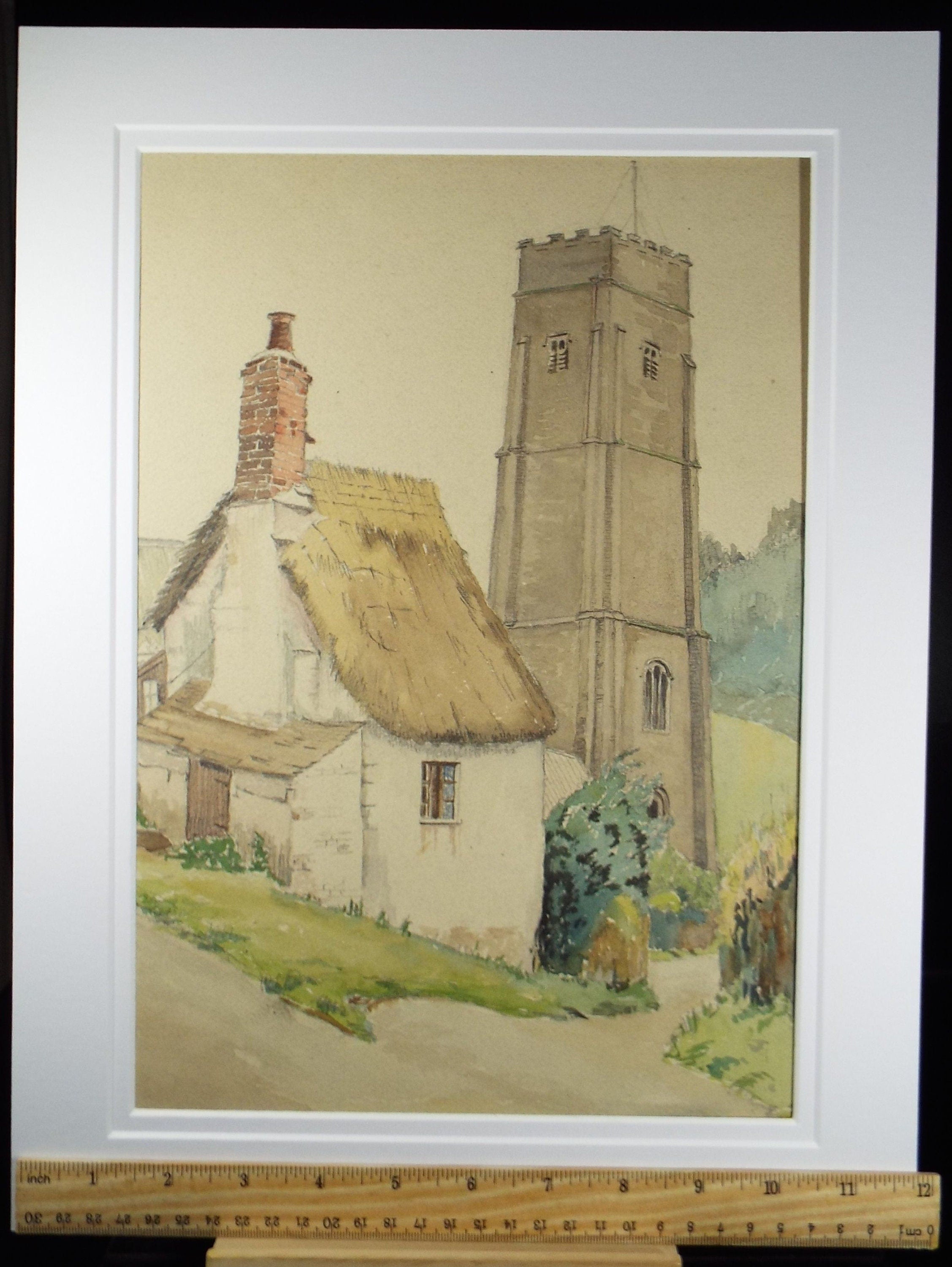Original Charcoal & Watercolour, 'Village Church and Cottage', Circa 1930's , Frank Harold Read FRPS (1881-1960)