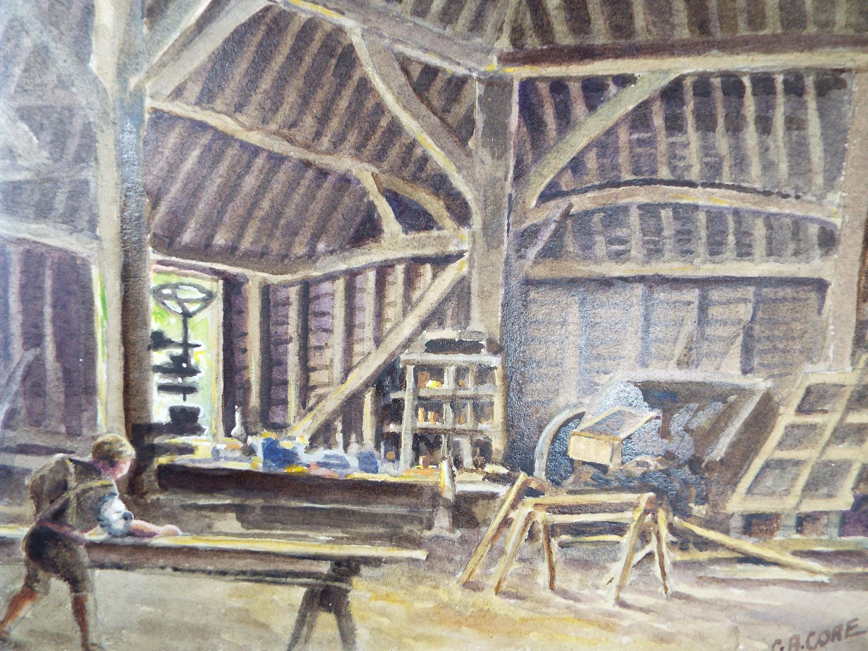Original Watercolour & Gouache, 'Working in the Barn', Circa 1930's, Charles Browne Core (1860-1947)