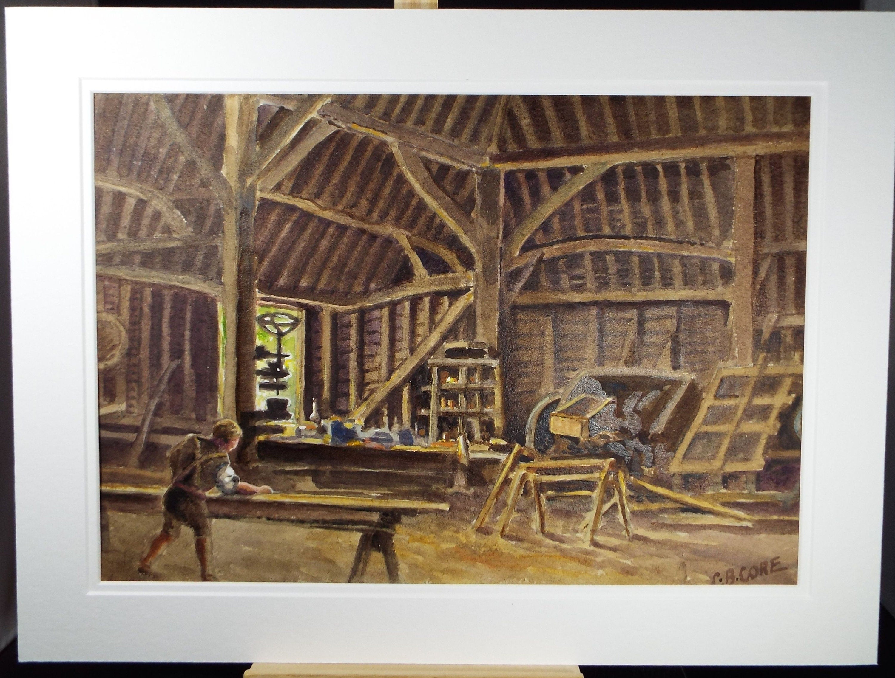 Original Watercolour & Gouache, 'Working in the Barn', Circa 1930's, Charles Browne Core (1860-1947)