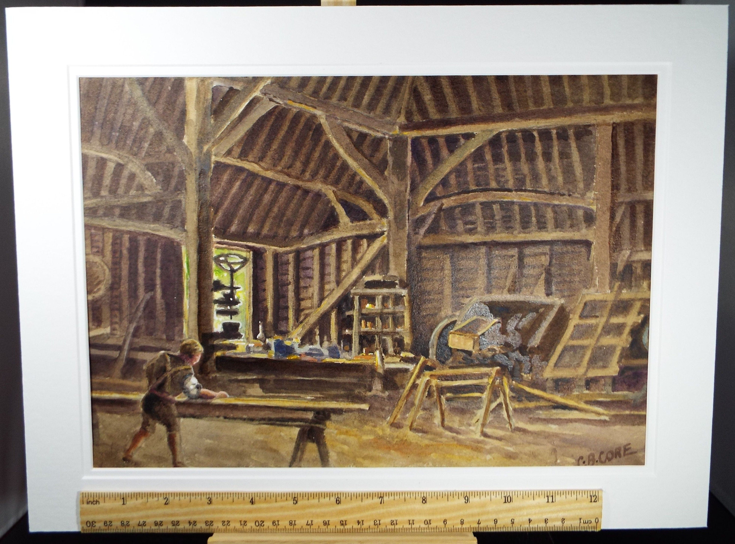 Original Watercolour & Gouache, 'Working in the Barn', Circa 1930's, Charles Browne Core (1860-1947)