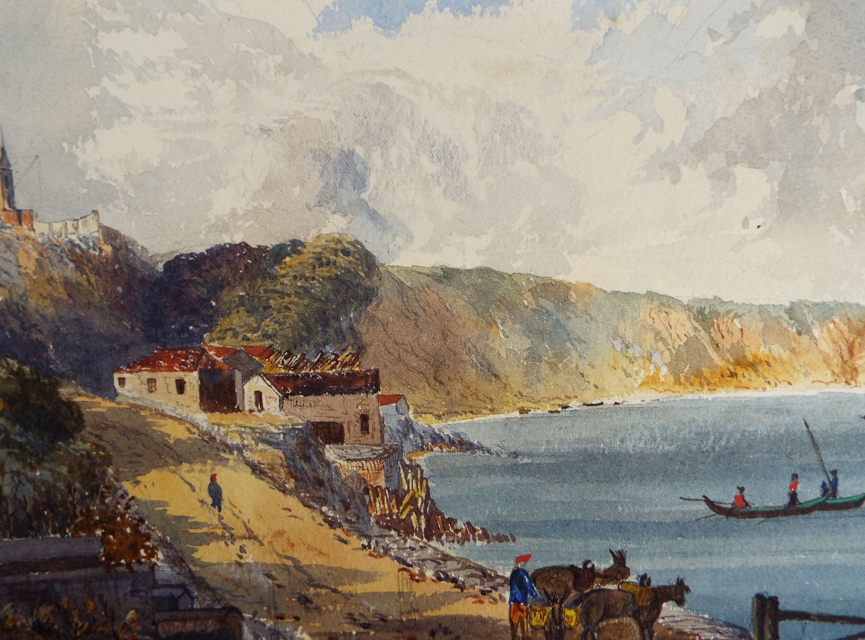 Original Watercolour, 'French Coastal Village', Late 19th Century, Unknown Artist