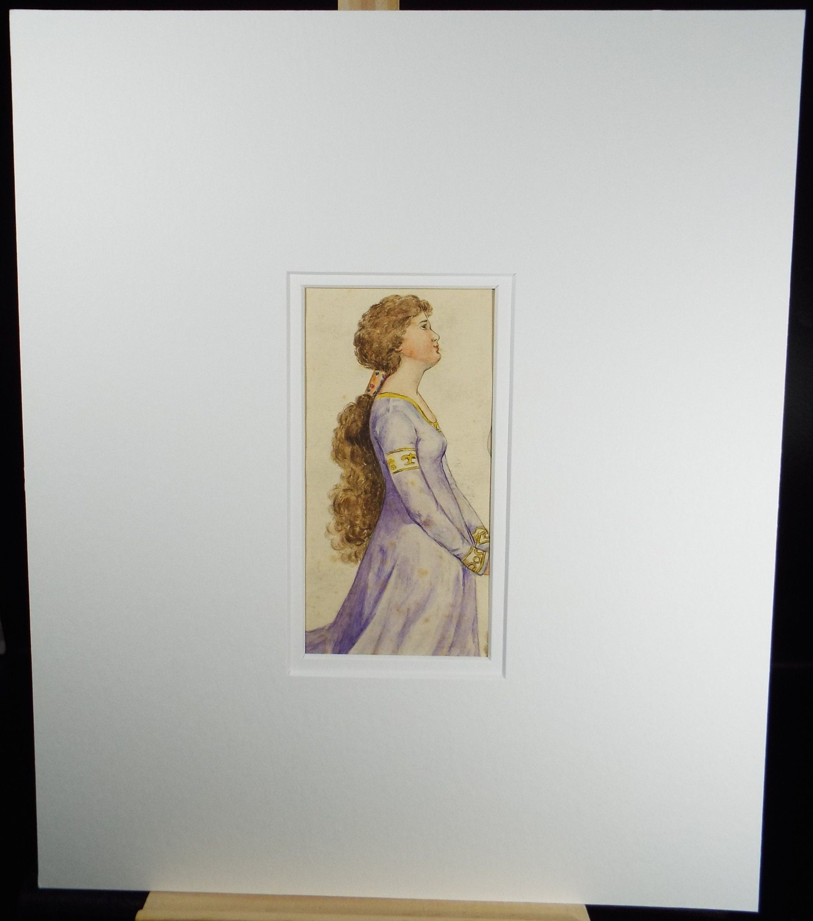 Original Watercolour, 'Portrait of a maiden in Lilac', circa 1920, Artist unknown