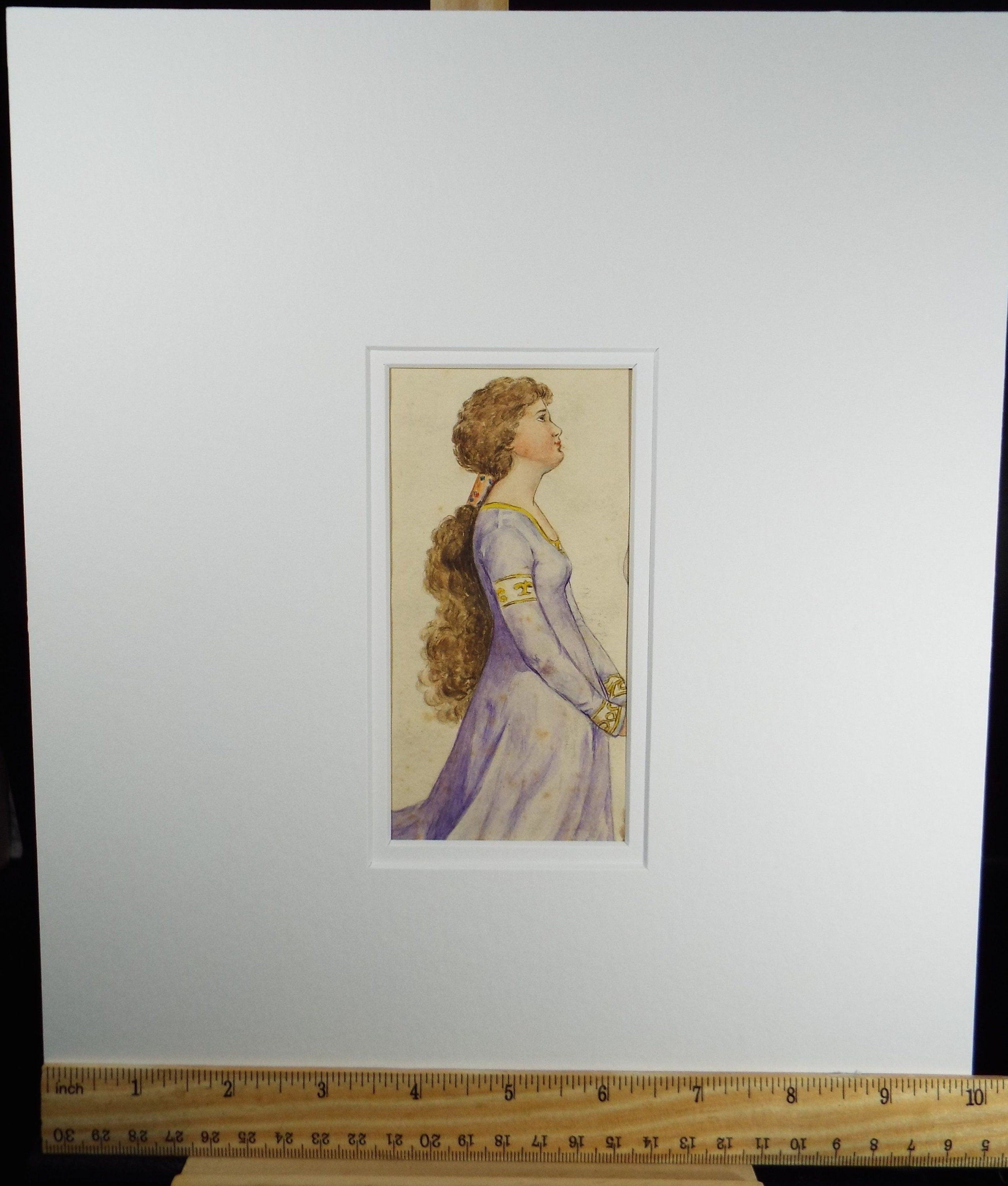 Original Watercolour, 'Portrait of a maiden in Lilac', circa 1920, Artist unknown