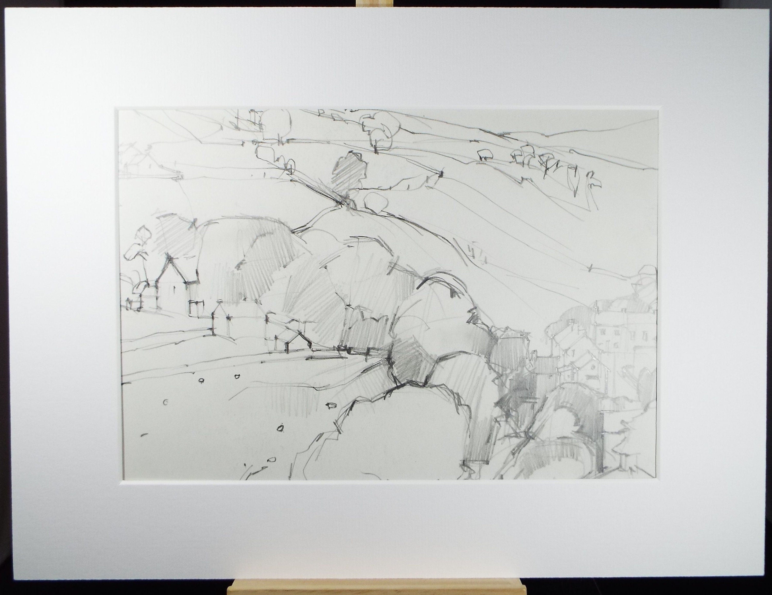 Original Pencil Drawing, 'Landscape with Buildings', circa 1970's Douglas Pittuck (1911-1993)