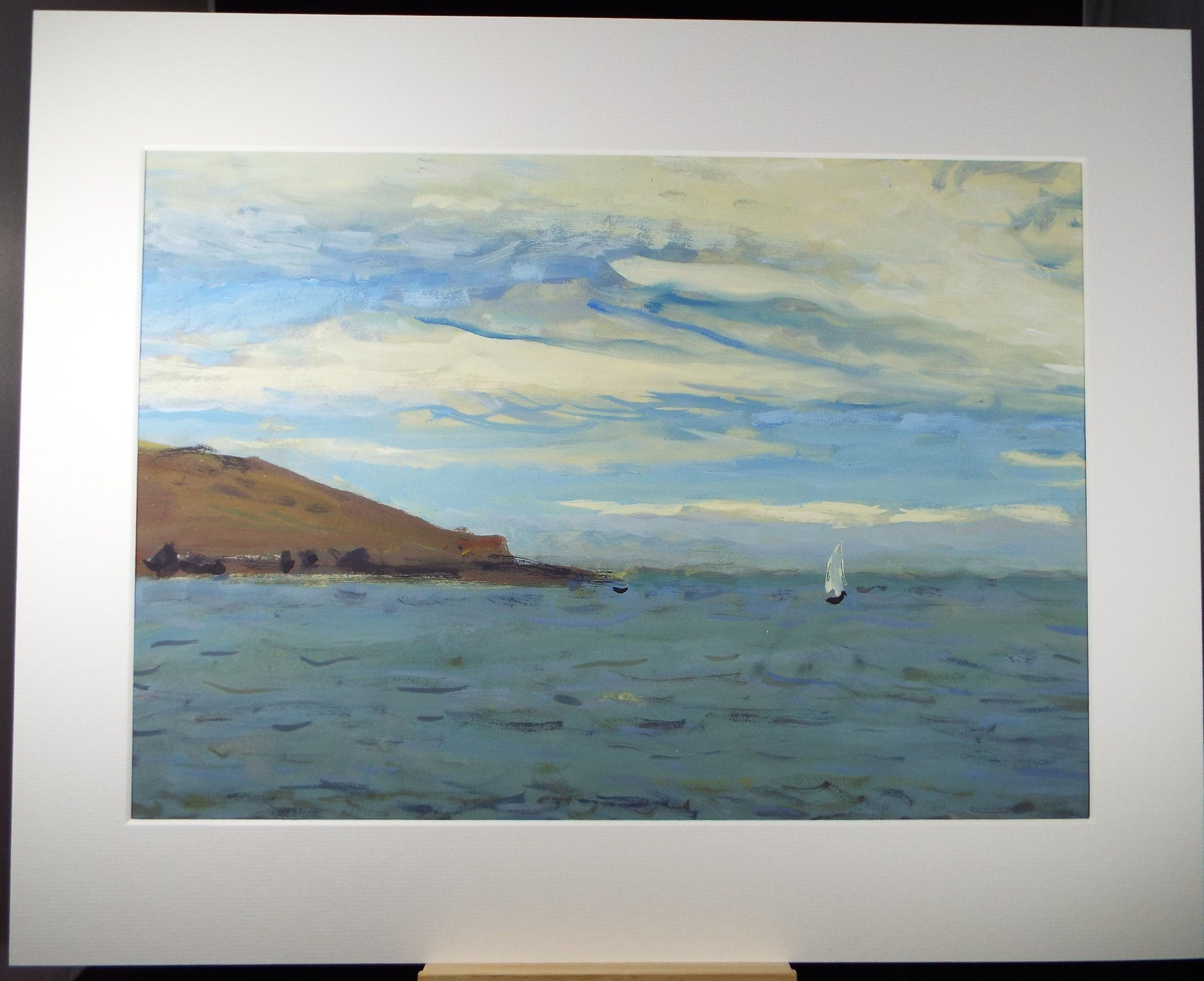 Original Gouache on paper, 'Sailing off the coast', Unknown Artist, circa 1960's - Marine Landscape