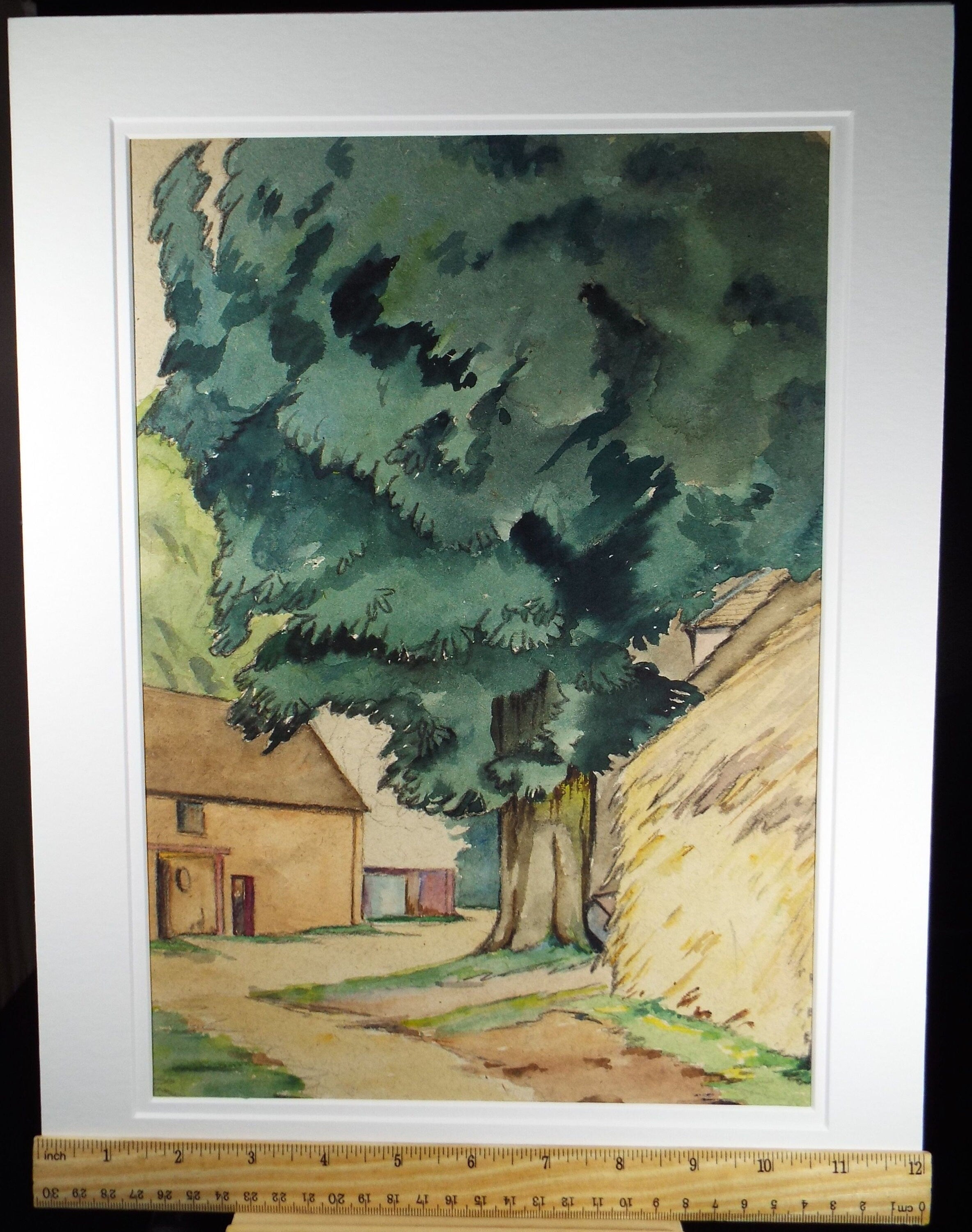 Original Charcoal & Watercolour, 'Tree Study with Barn and Haystack', Circa 1930's , Frank Harold Read FRPS (1881-1960)