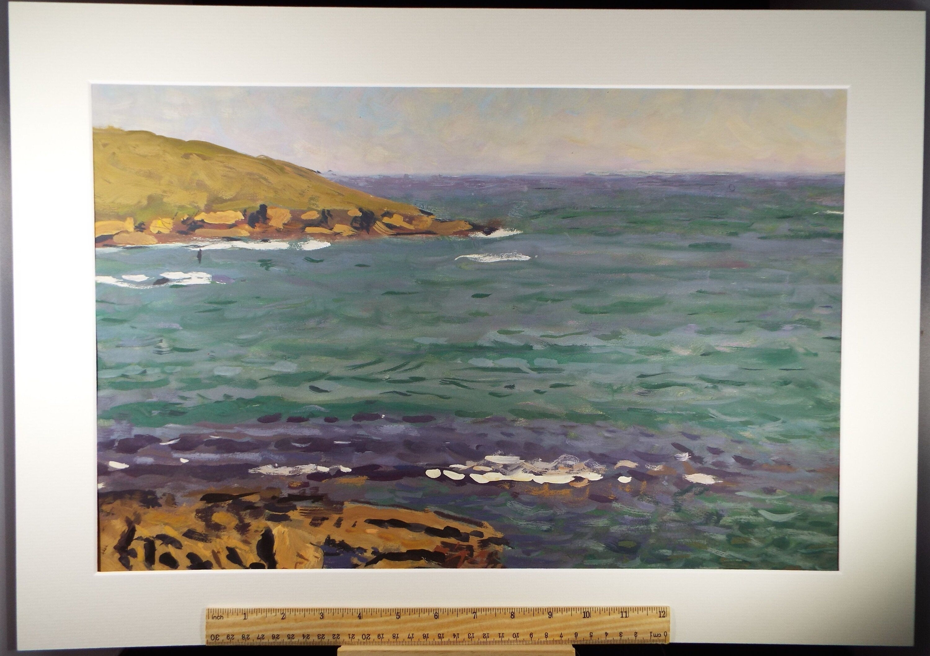 Original Gouache on paper, 'Headland with Green Sea', Unknown Artist, circa 1960's - Marine Landscape