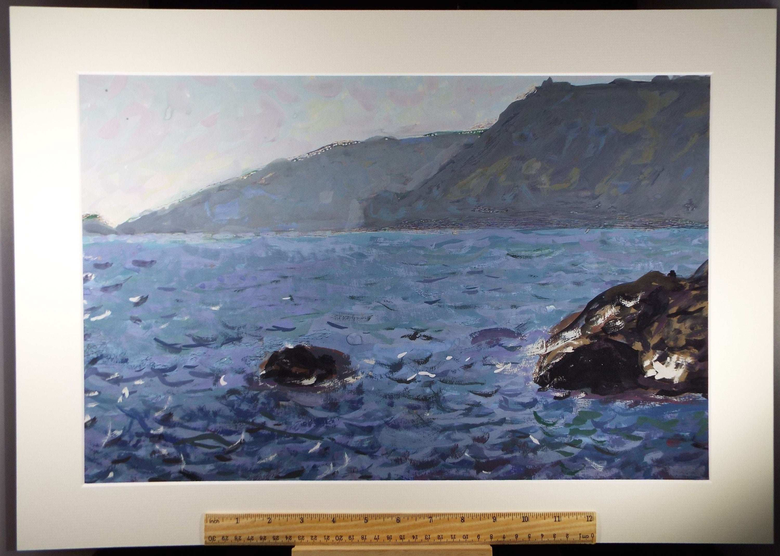 Original Gouache on paper, 'Headland with Blue Sea', Unknown Artist, circa 1960's - Marine Landscape