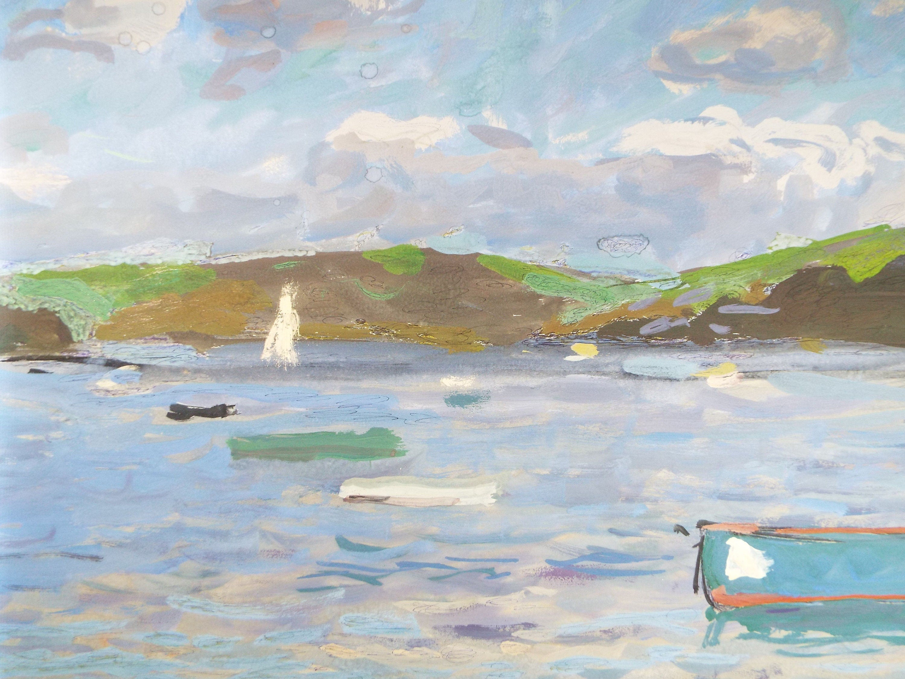 Original Gouache on paper, 'Moored fishing boats', Unknown Artist, circa 1960's - Marine Landscape