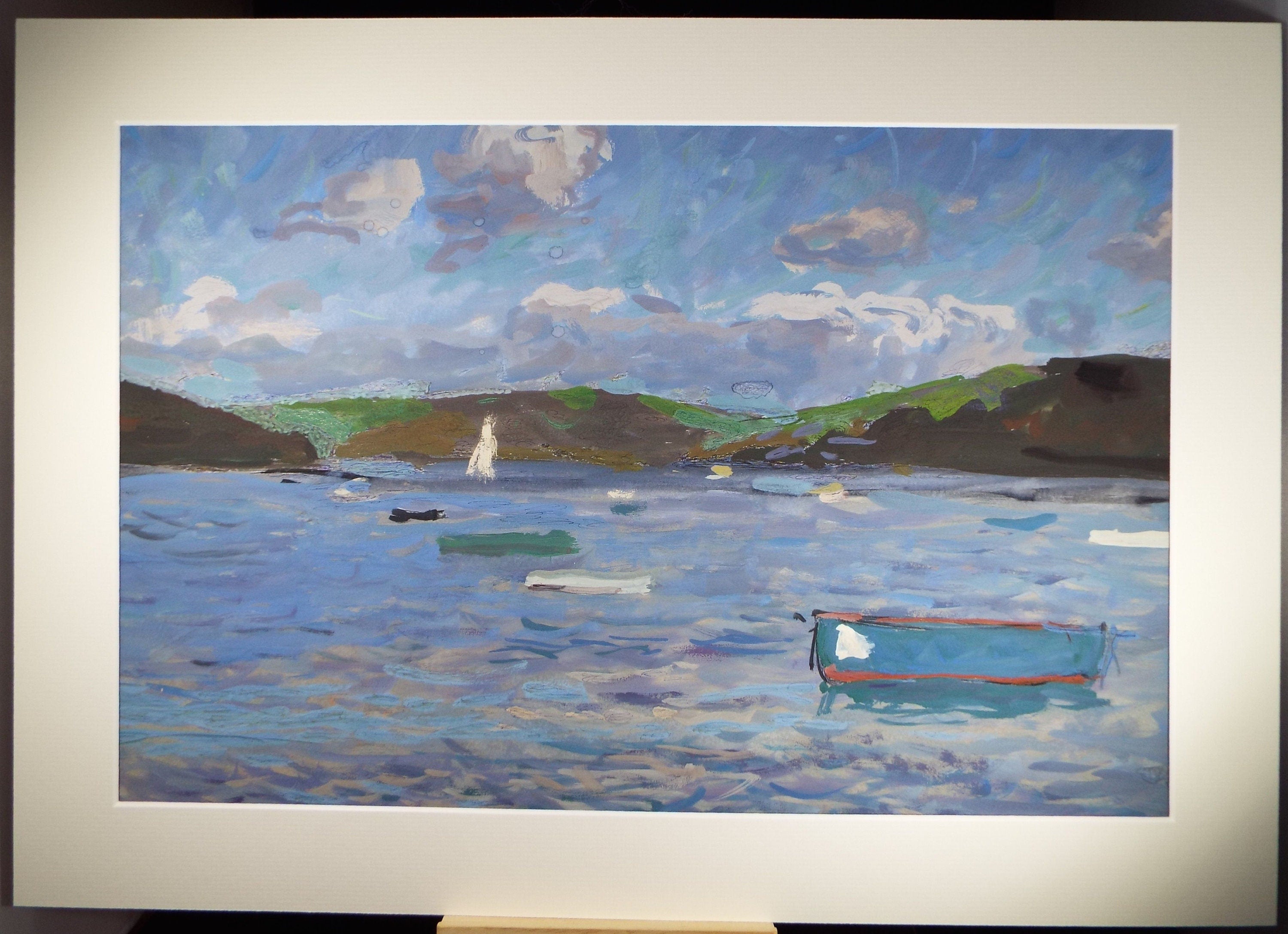Original Gouache on paper, 'Moored fishing boats', Unknown Artist, circa 1960's - Marine Landscape