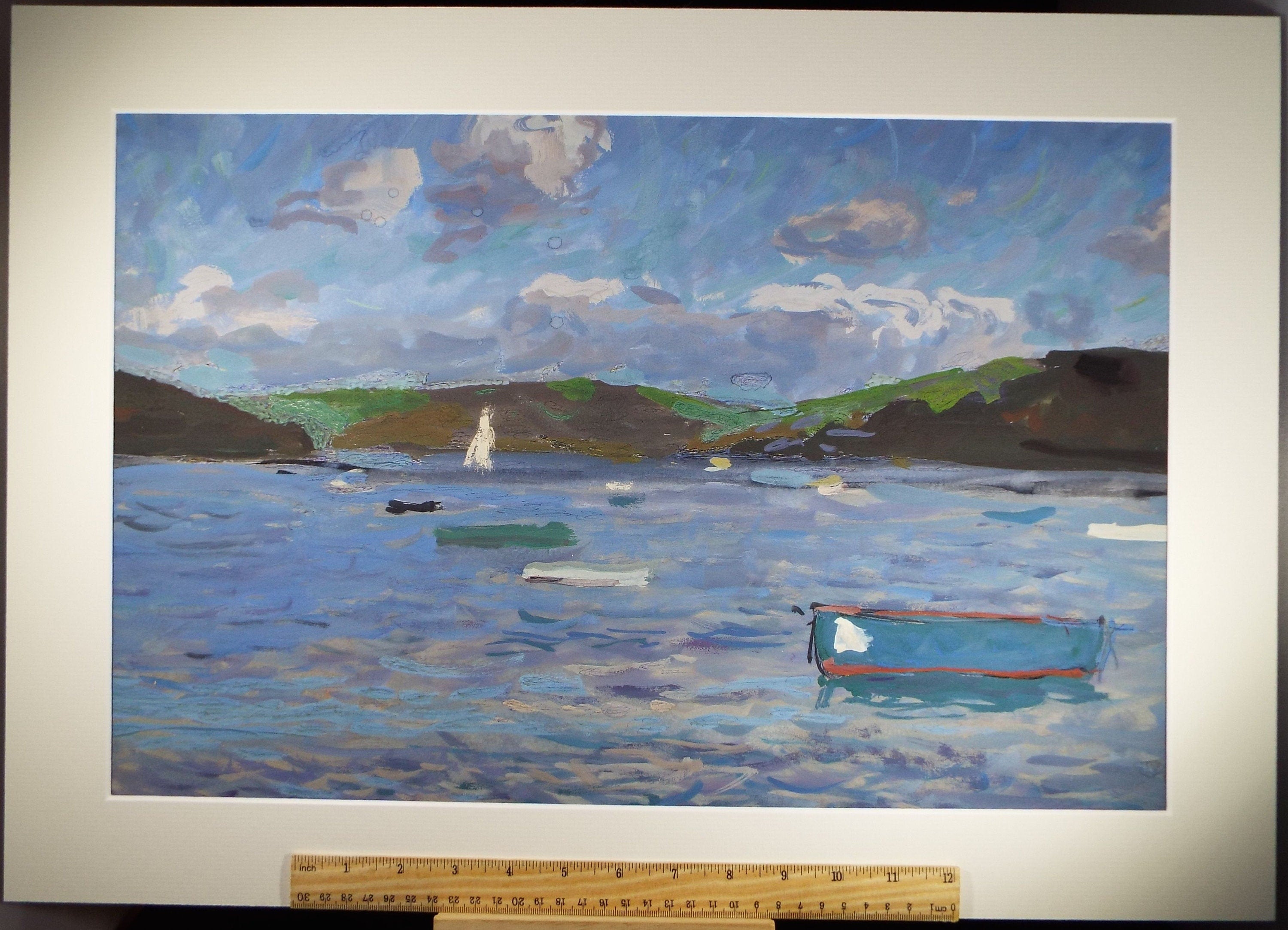 Original Gouache on paper, 'Moored fishing boats', Unknown Artist, circa 1960's - Marine Landscape