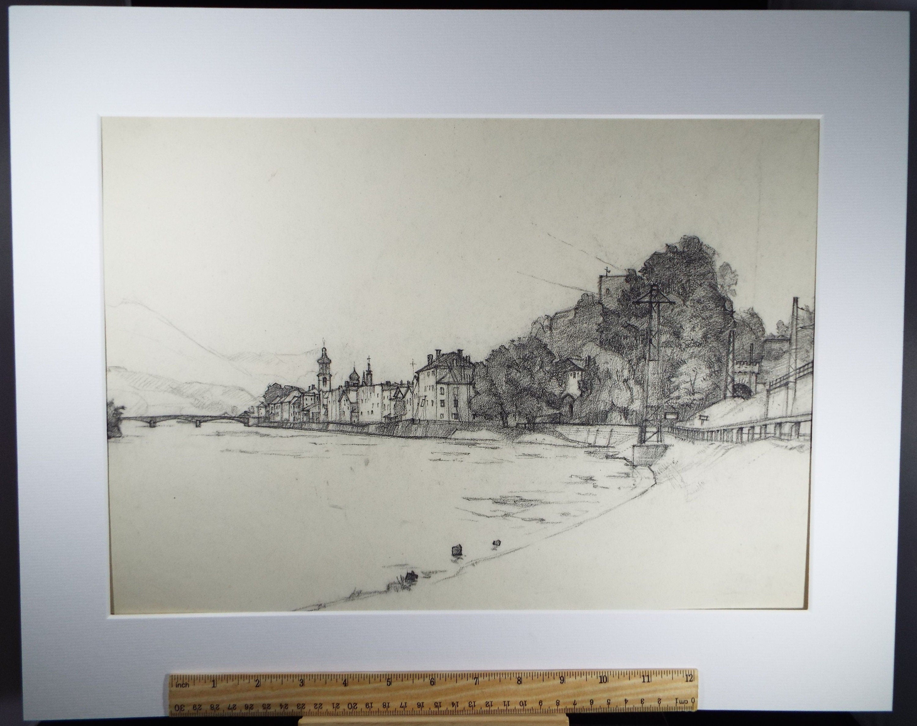 Original Pencil/Charcoal Drawing, 'Rattenberg, Austria',Circa 1950's, Douglas Pittuck (1911-1993)