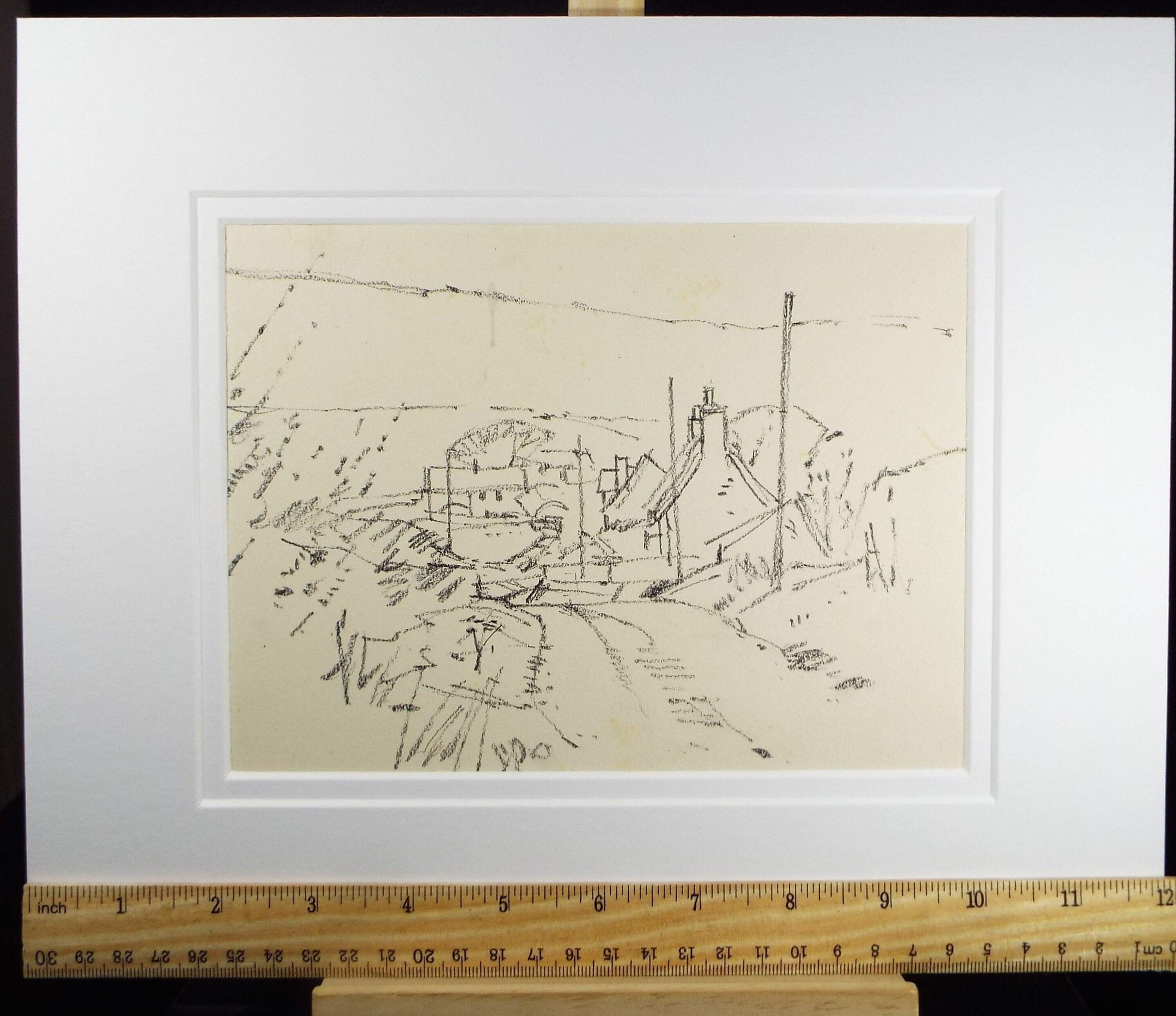 Original Charcoal & Pencil Drawing 'View of a Village'', c1990's, Norman James Battershill (1922-2010)
