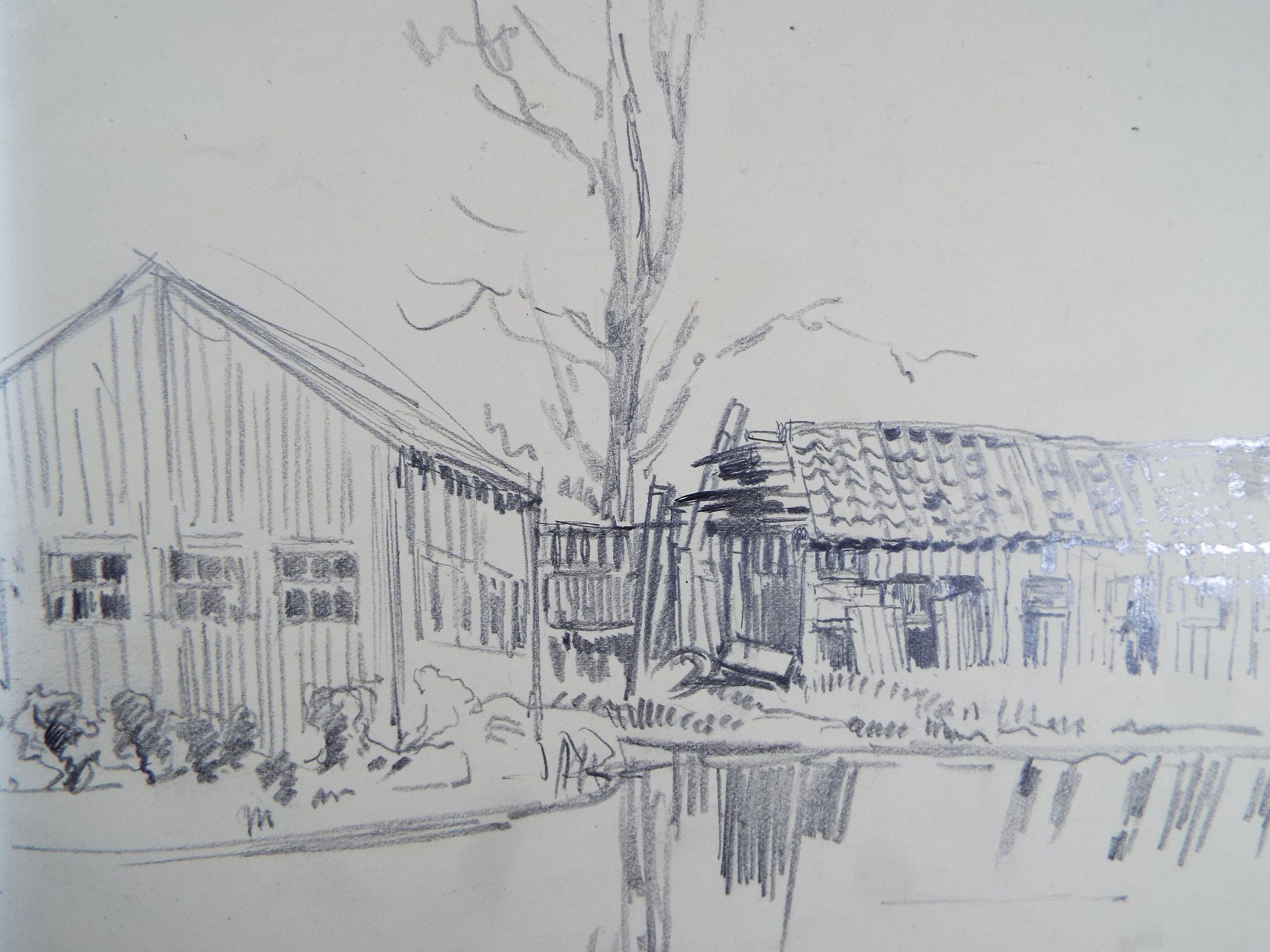 Original Pencil Drawing, 'A Farmstead' , c1920's, Nan C. Livingstone (1876-1952)