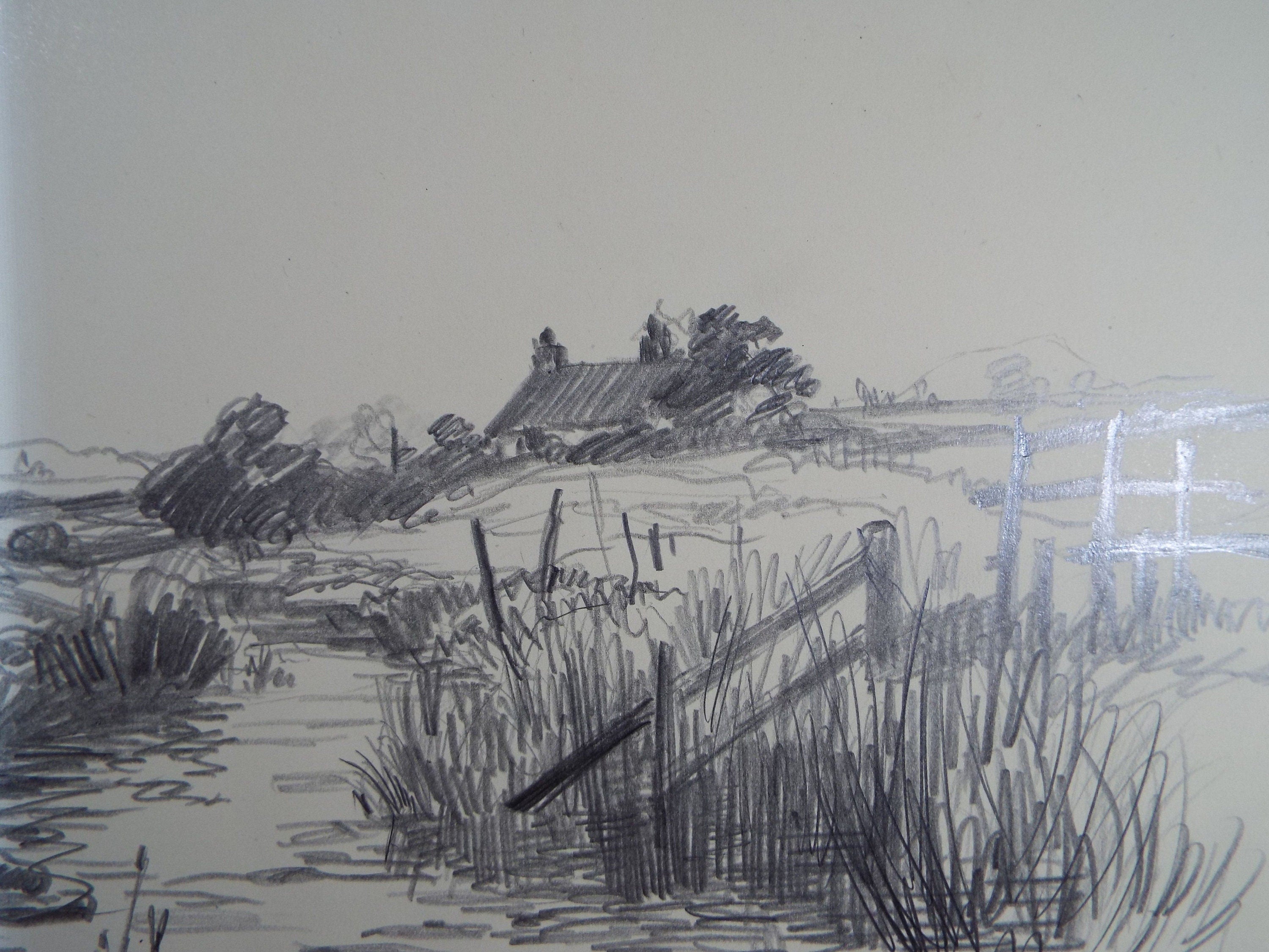 Original Pencil Drawing, 'Farmstead by a River', Dated 1928, Nan C. Livingstone (1876-1952)