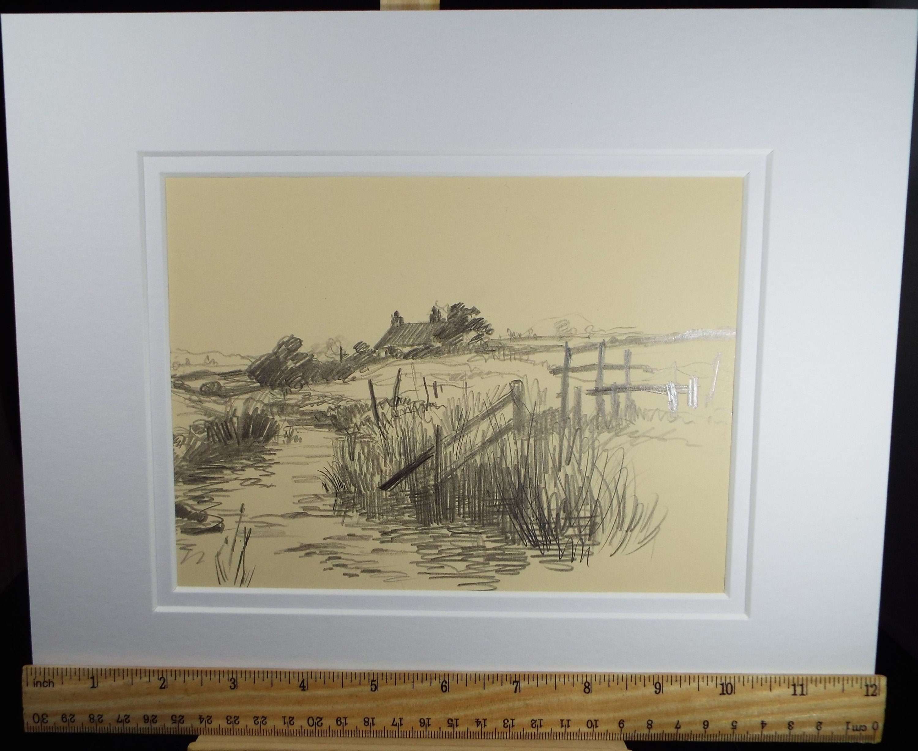 Original Pencil Drawing, 'Farmstead by a River', Dated 1928, Nan C. Livingstone (1876-1952)