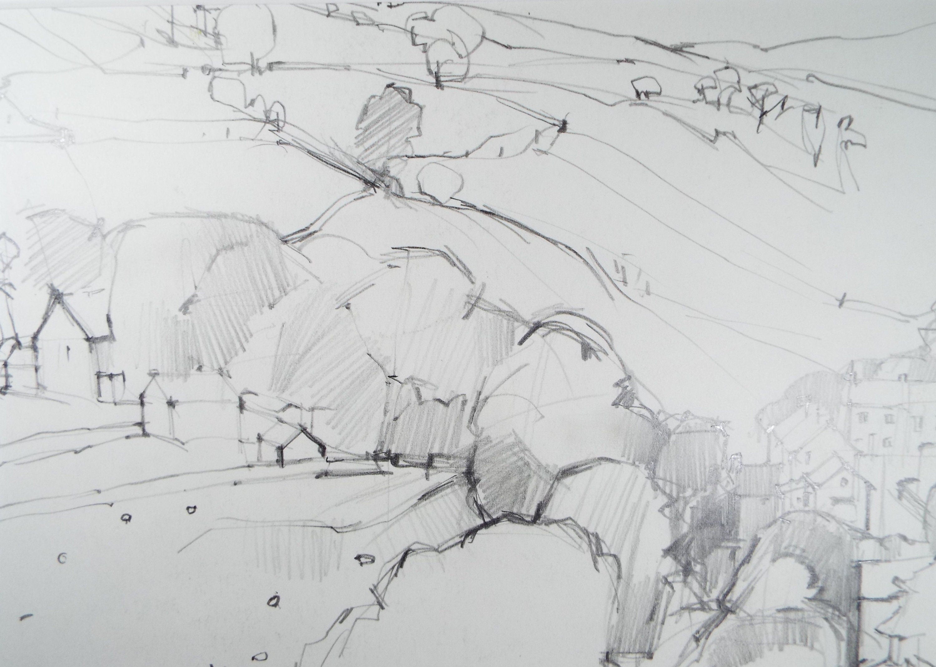 Original Pencil Drawing, 'Landscape with Buildings', circa 1970's Douglas Pittuck (1911-1993)
