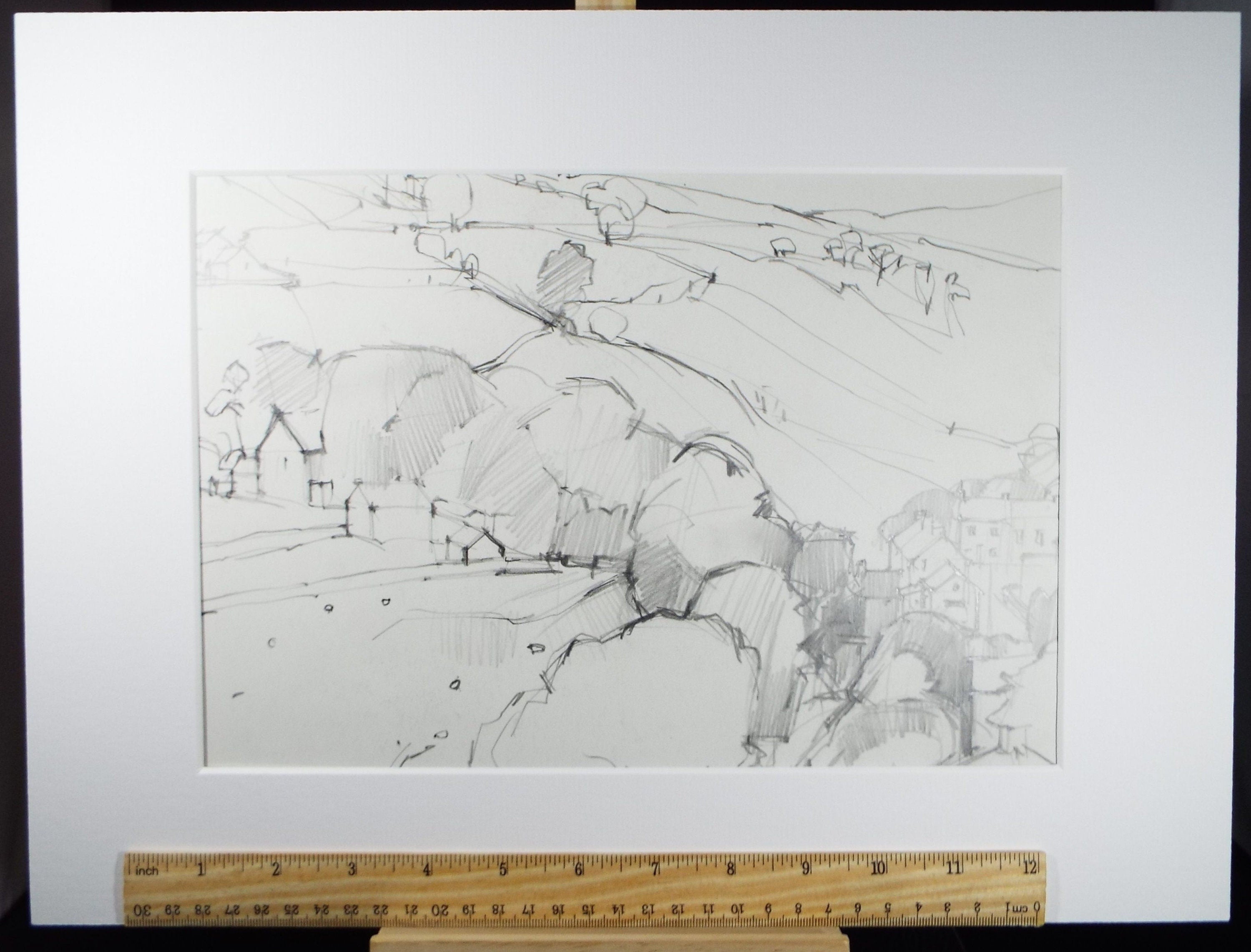 Original Pencil Drawing, 'Landscape with Buildings', circa 1970's Douglas Pittuck (1911-1993)