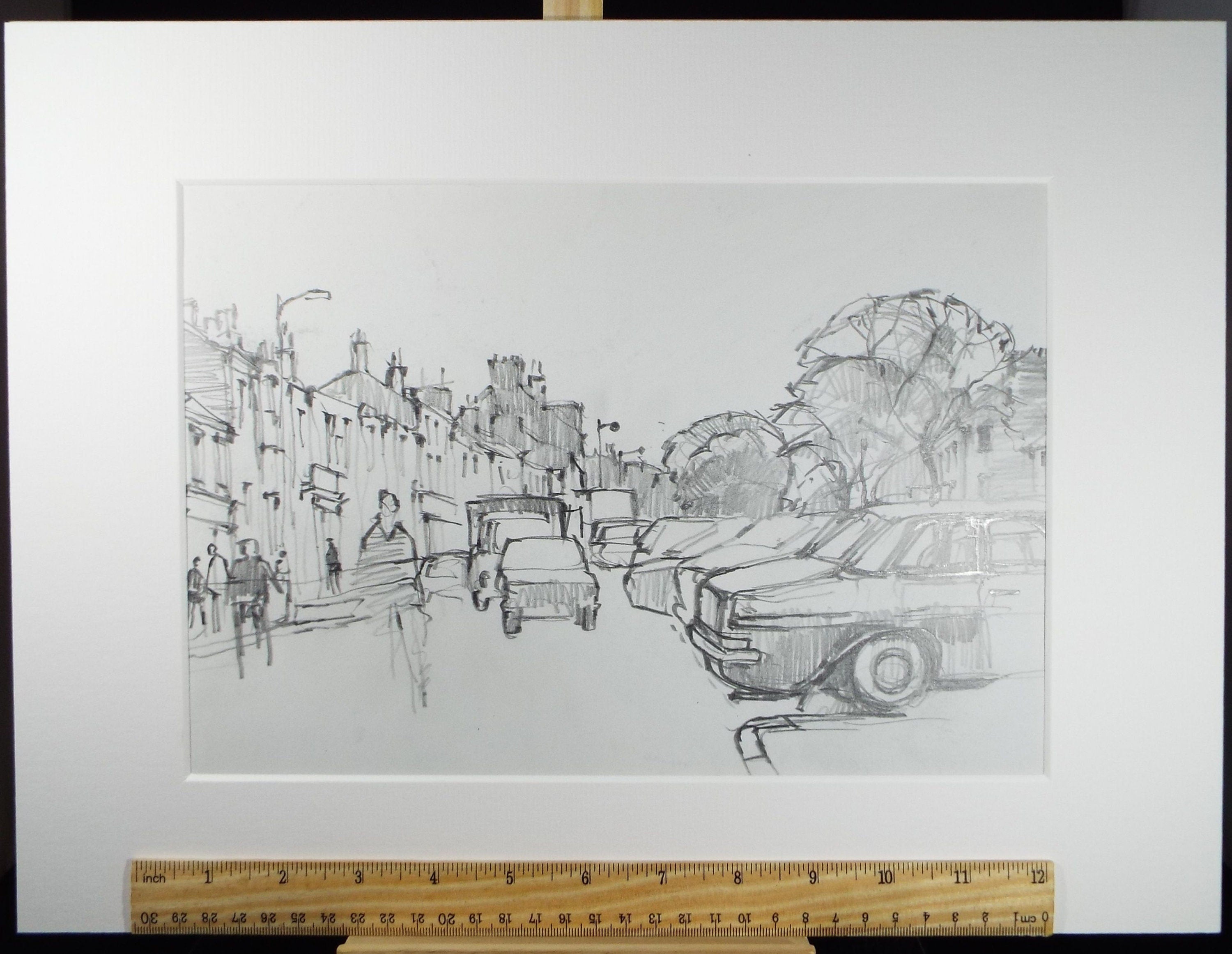 Original Pencil Drawing, 'Street Scene with Cars' , Circa 1990's, Douglas Pittuck (1911-1993)