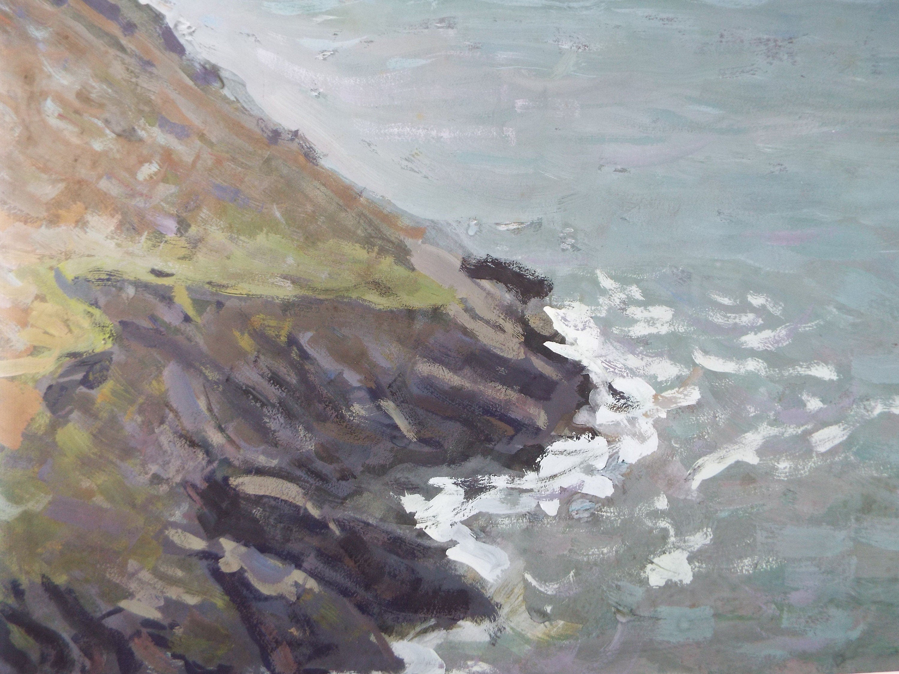 Original Gouache on paper, 'Sea Cliffs', Unknown Artist, circa 1960's - Marine Landscape