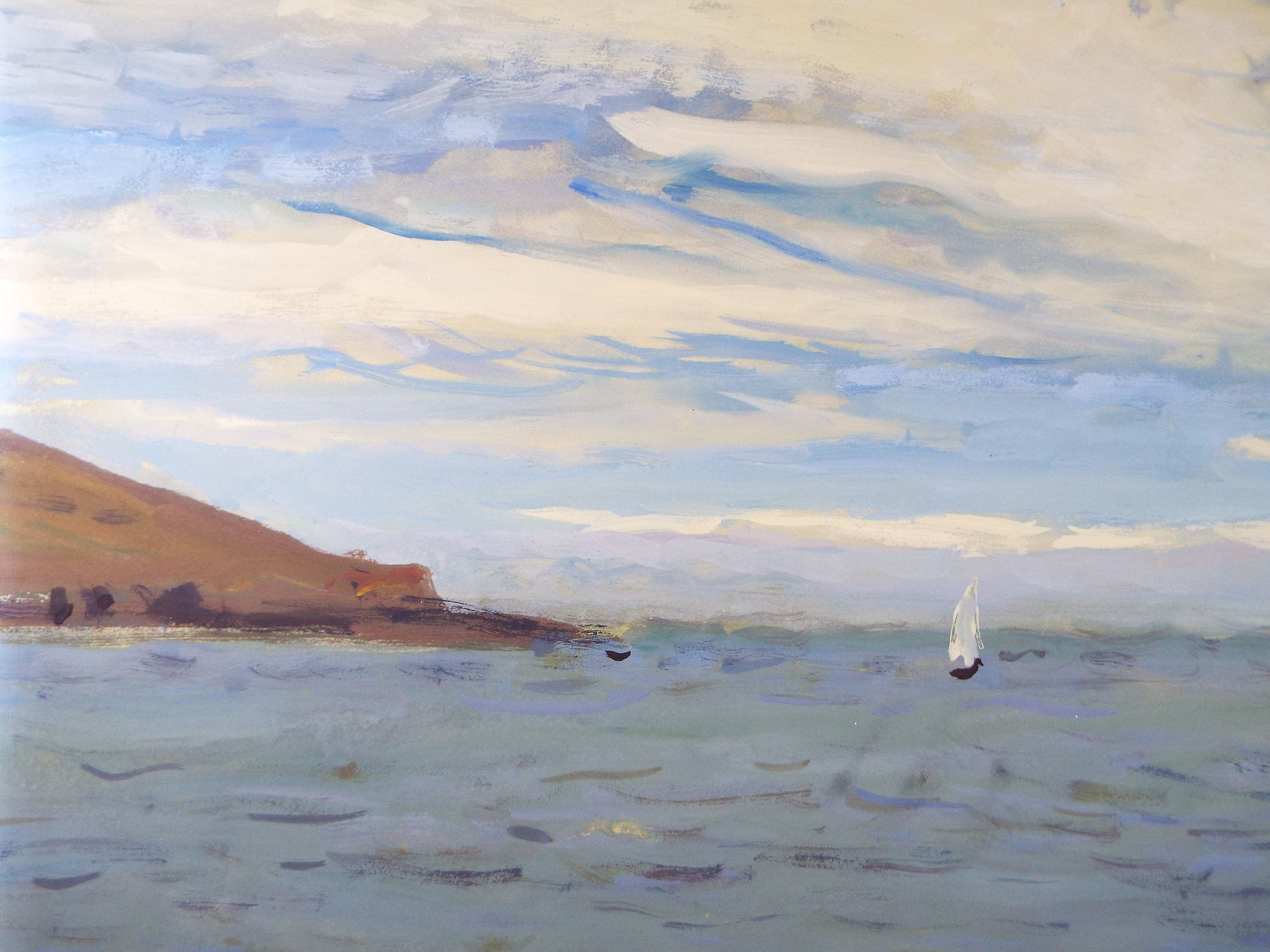 Original Gouache on paper, 'Sailing off the coast', Unknown Artist, circa 1960's - Marine Landscape