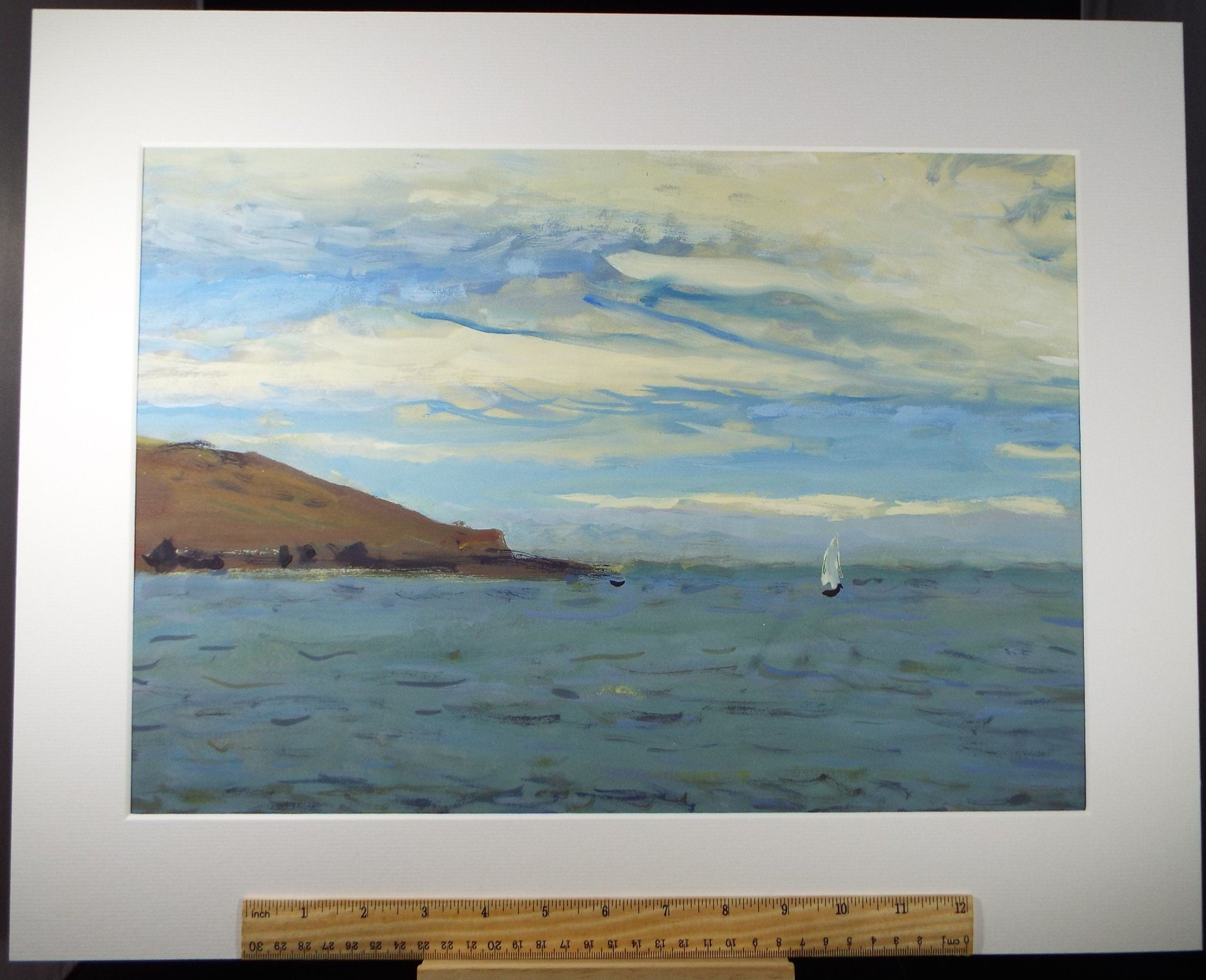 Original Gouache on paper, 'Sailing off the coast', Unknown Artist, circa 1960's - Marine Landscape