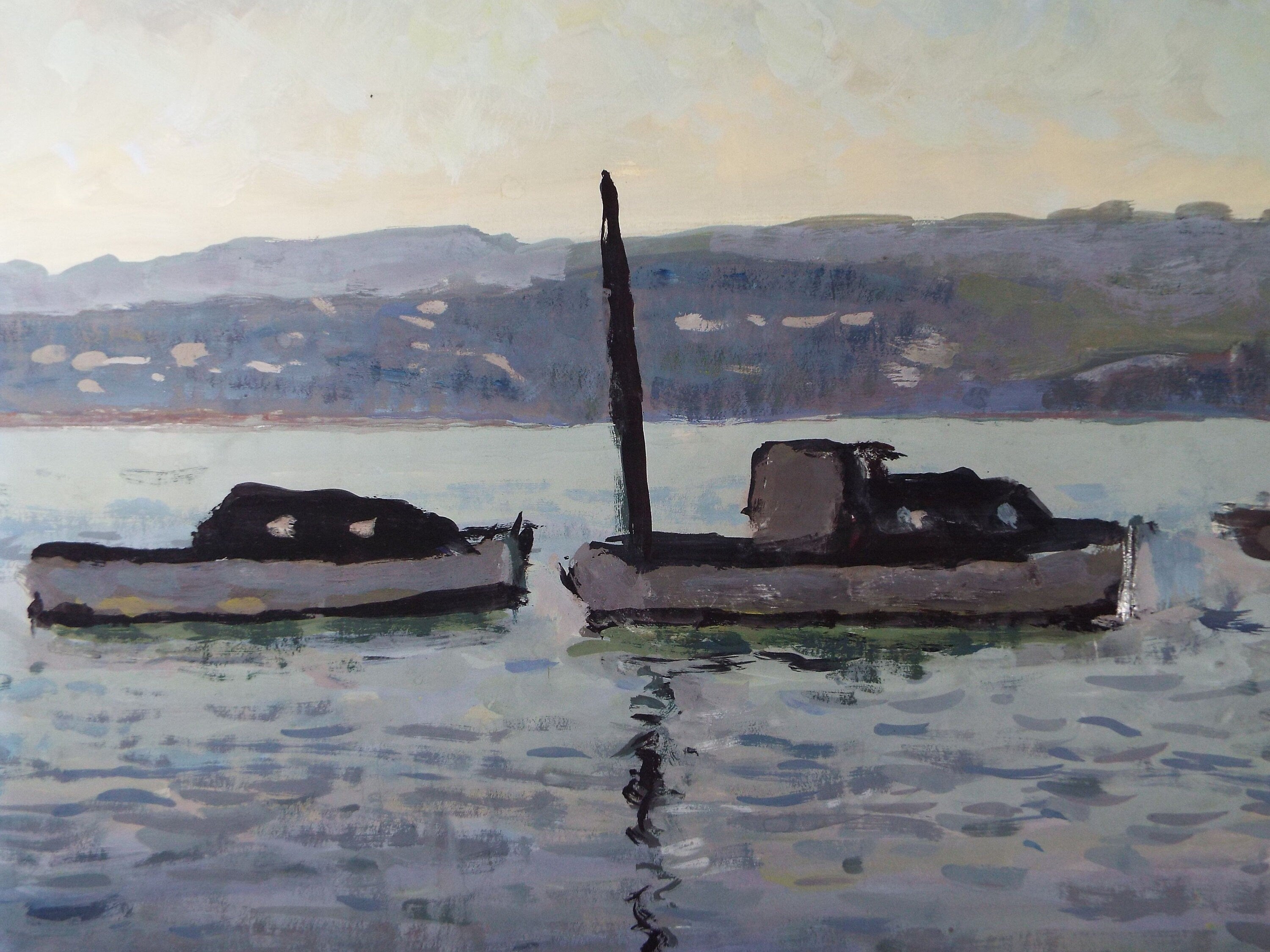 Original Gouache on paper, 'Boats on a mooring', Unknown Artist, circa 1960's - Marine Landscape