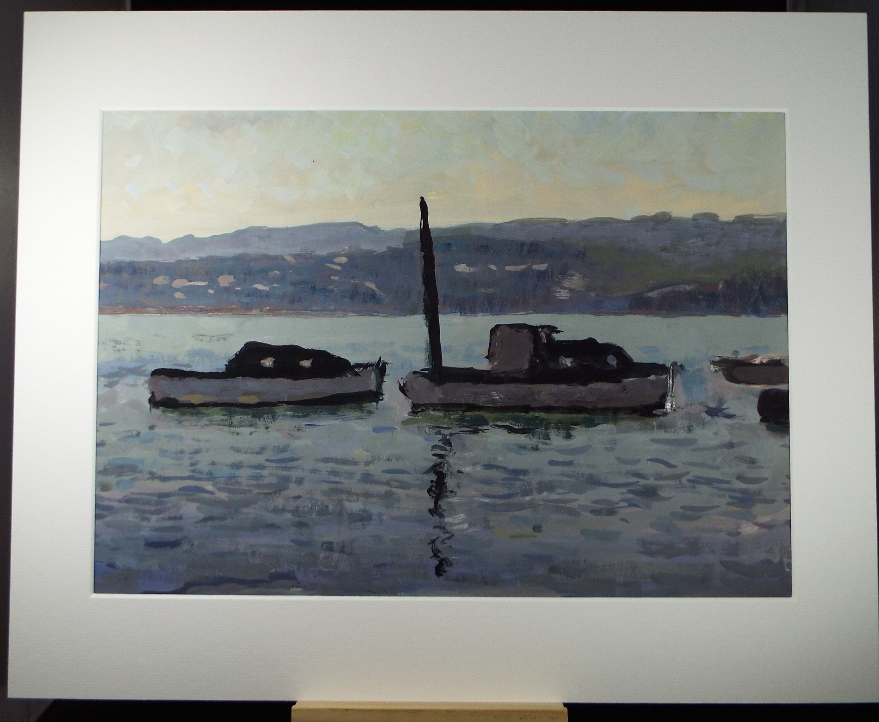Original Gouache on paper, 'Boats on a mooring', Unknown Artist, circa 1960's - Marine Landscape